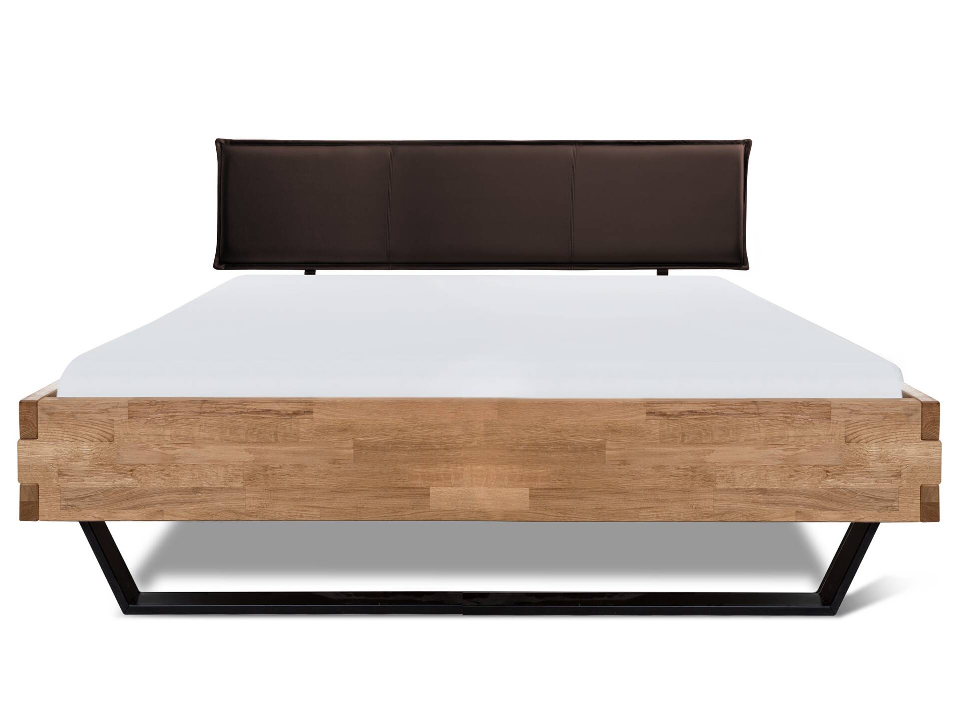 CORDINO Kufenbett aus Eiche mit Polsterkopfteil, Material Massivholz 90 x 200 cm | Eiche unbehandelt | Kunstleder Braun ohne Steppung | gehackt