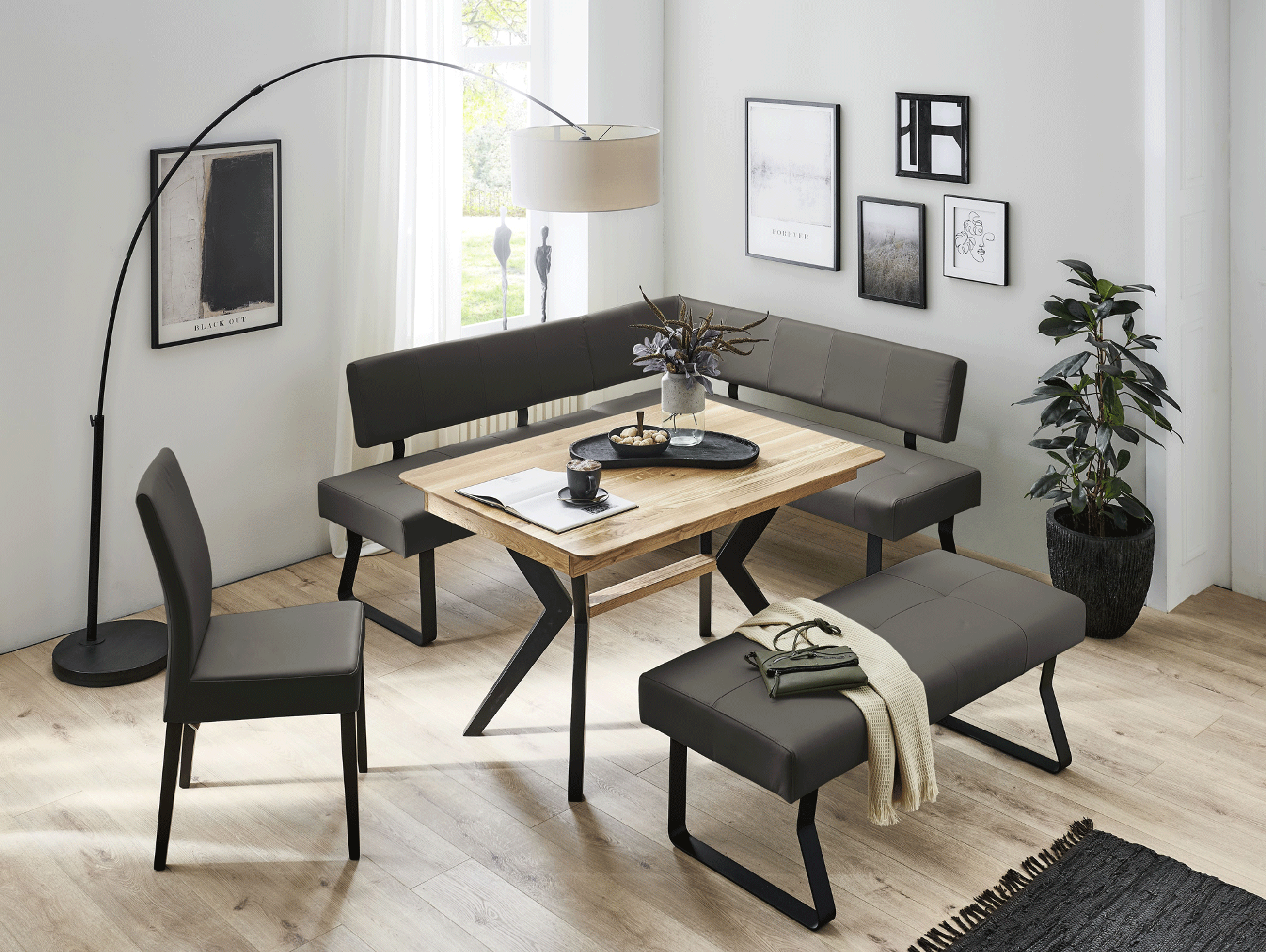 NASHVILLE Eckbank mit Echtlederbezug, Gestell Metall schwarz 147 x 167 cm