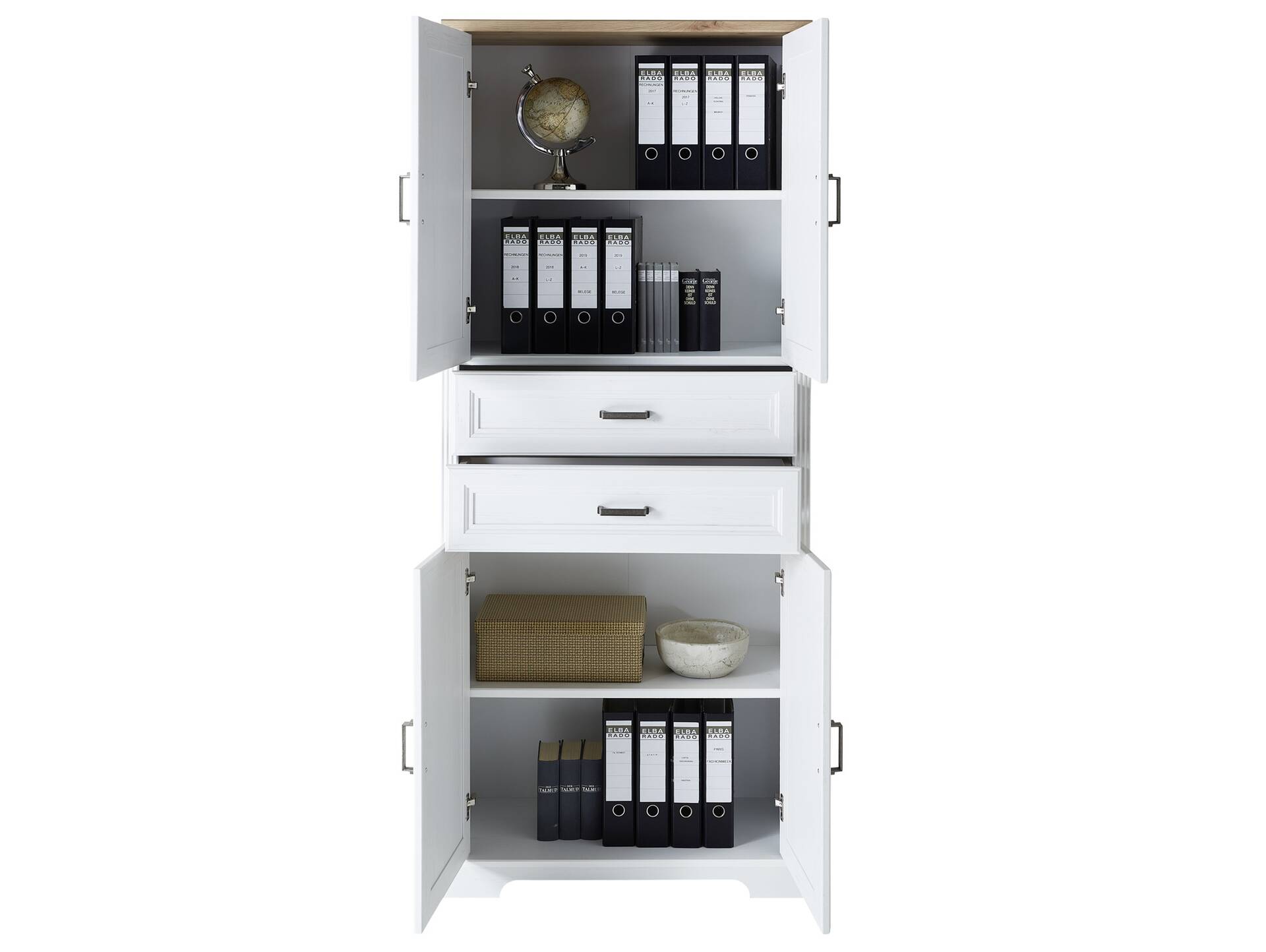 JADY Büroschrank, 4 Türen + 2 Schubkästen, Material MDF/Dekorspanplatte piniefarbig hell/eichefarbig