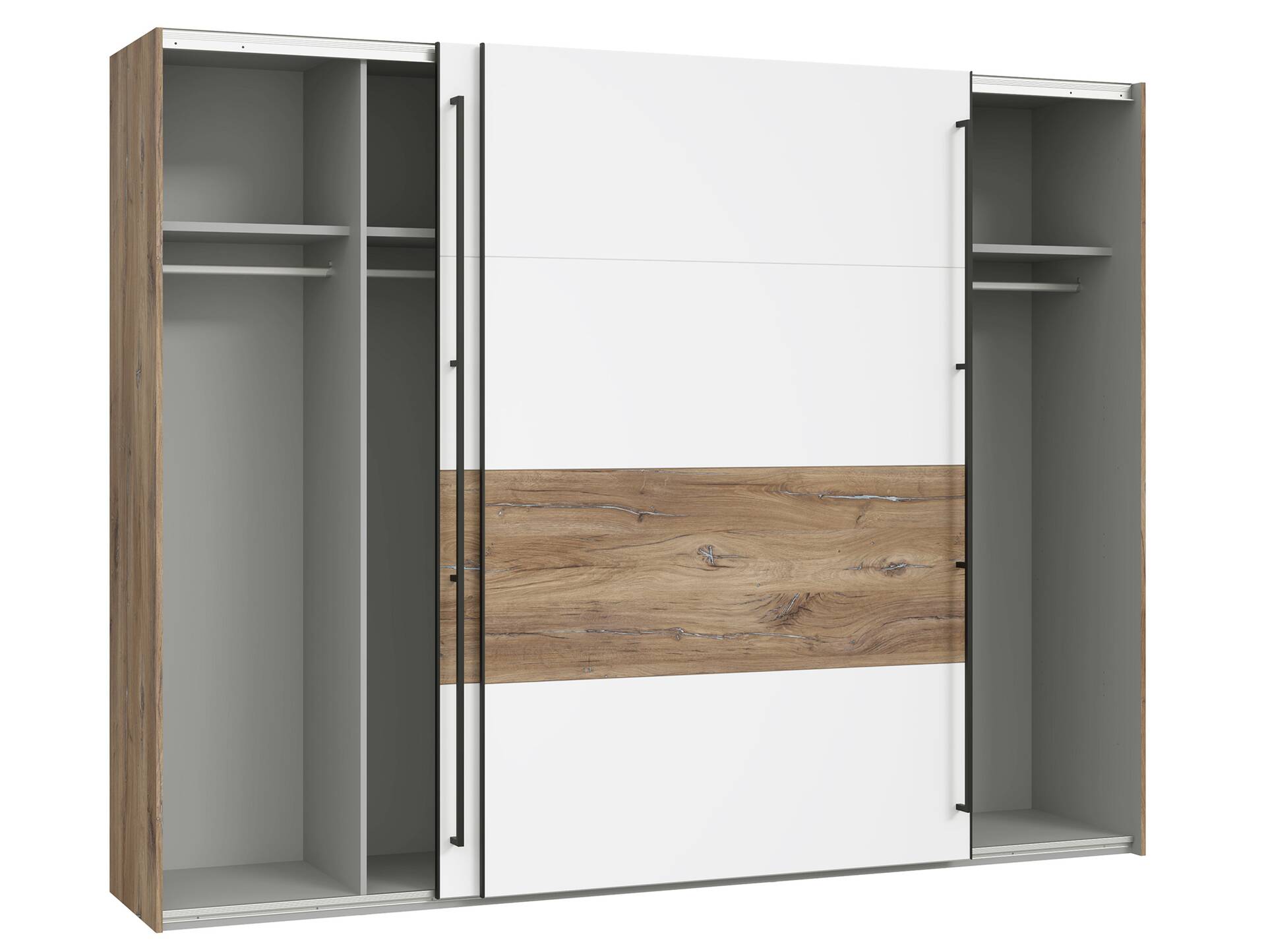 KACY Schiebetürenschrank, Material Dekorspanplatte, Flagstaff Eichefarbig/Weiß 