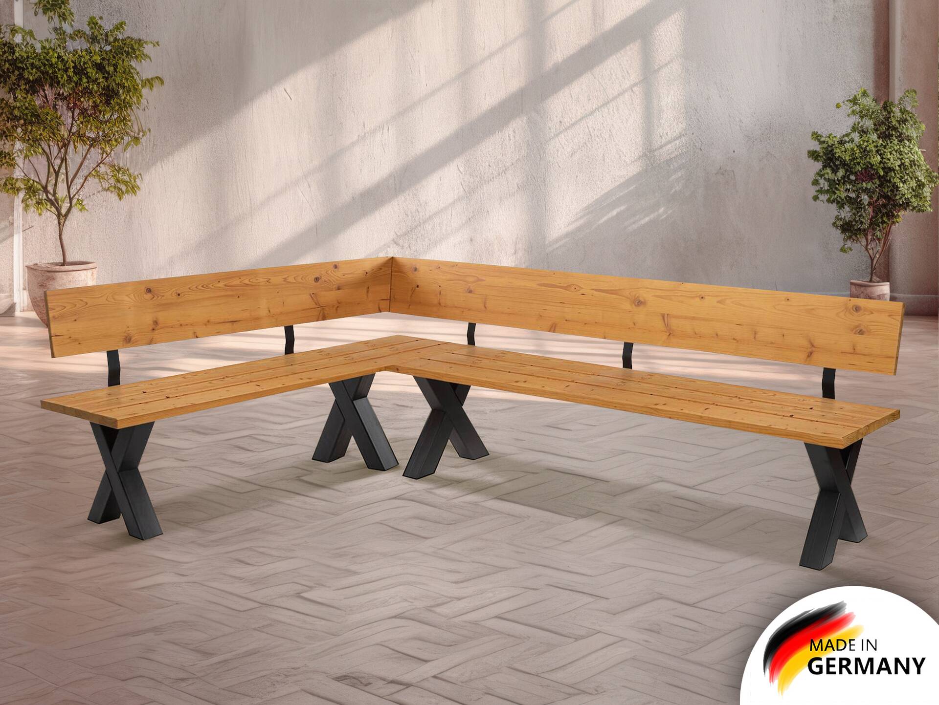 KENTUCKY Garten-Eckbank mit X-Beinen, Altholzoptik, Material Massivholz, THERMO-Fichte gebürstet/lasiert 288 x 167 cm | vintage