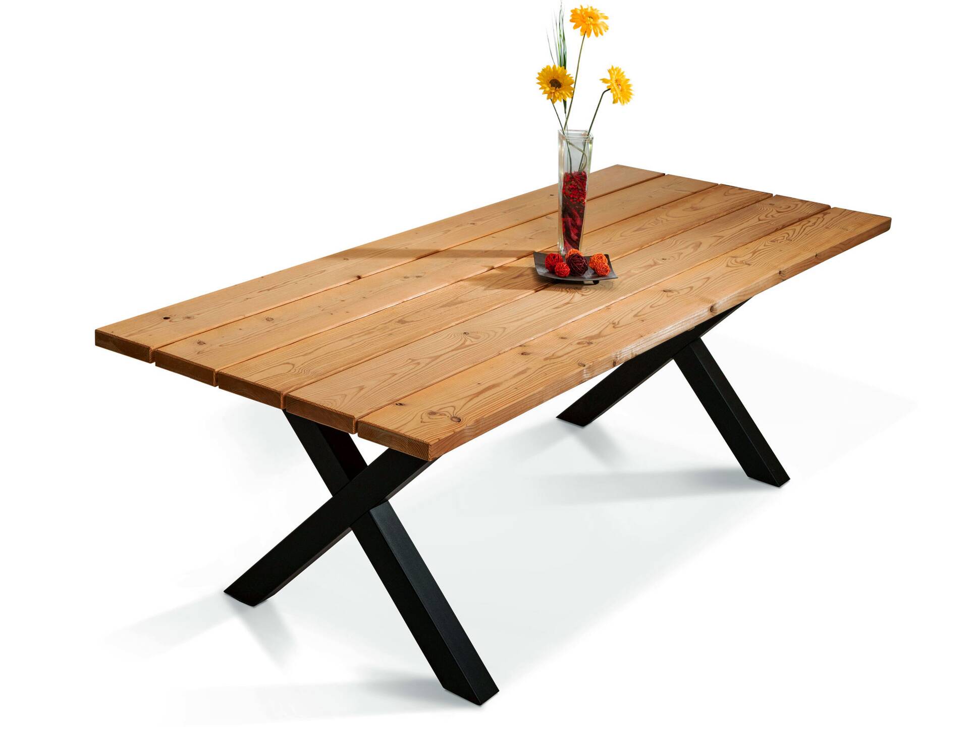 KENTUCKY Esstisch / Gartentisch mit X-Beinen, Altholzoptik, THERMO-Fichte gebürstet/lasiert 160 x 100 cm | natur