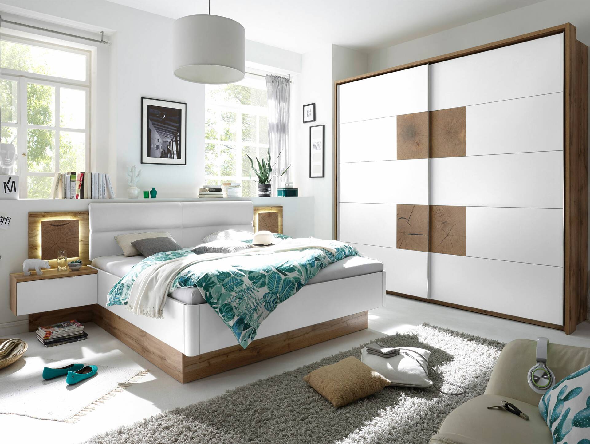 CAMERON Bettanlage inkl. Nachtkommoden, Material MDF, wildeichefarbig eichefarbig/weiss