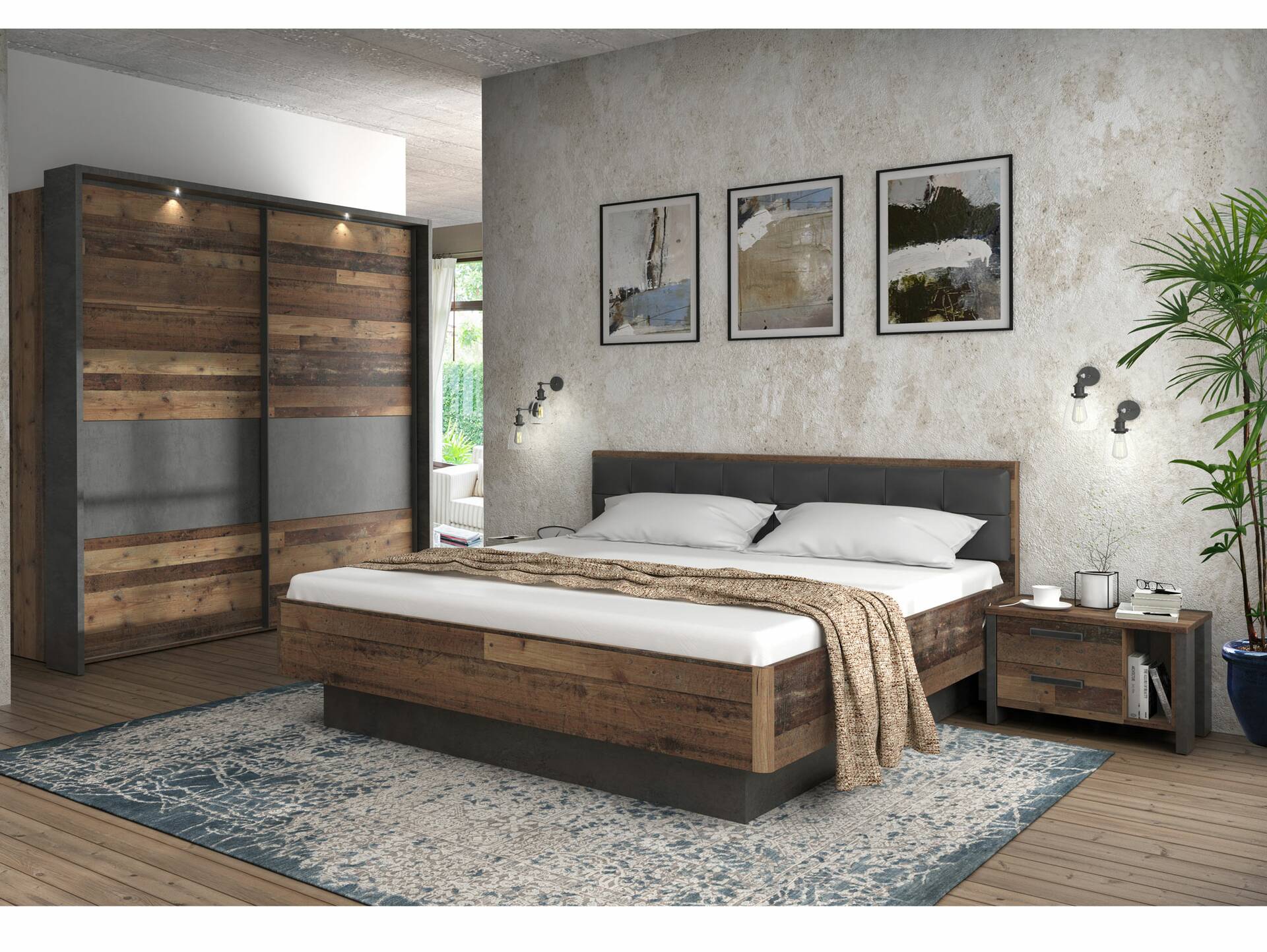 CASSIA Komplett-Schlafzimmer, Material Dekorspanplatte, Old Wood Vintage/betonfarbig 