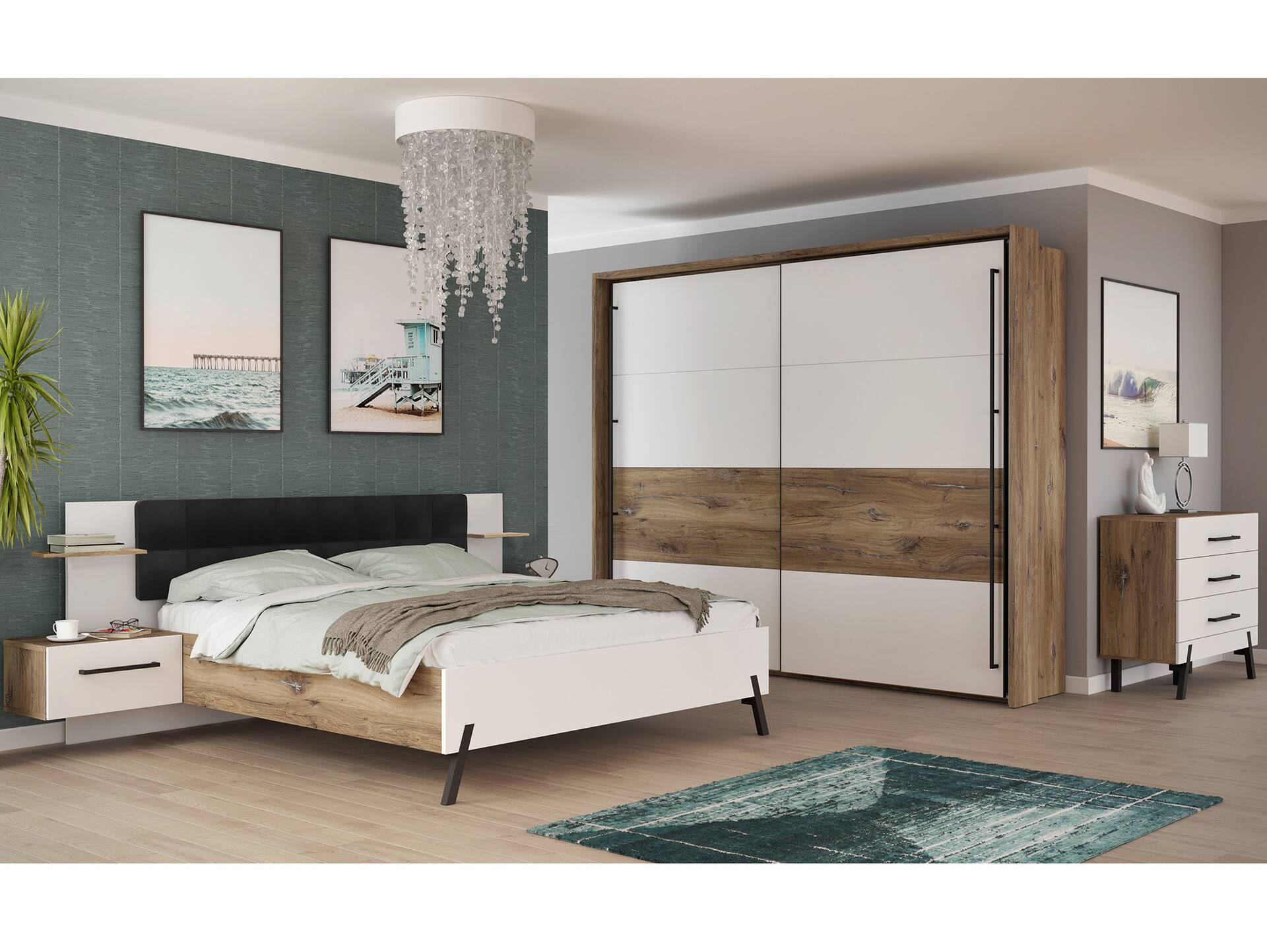 KACY Komplett Schlafzimmer, Material Dekorspanplatte, Flagstaff Eichefarbig/Weiß 220 cm