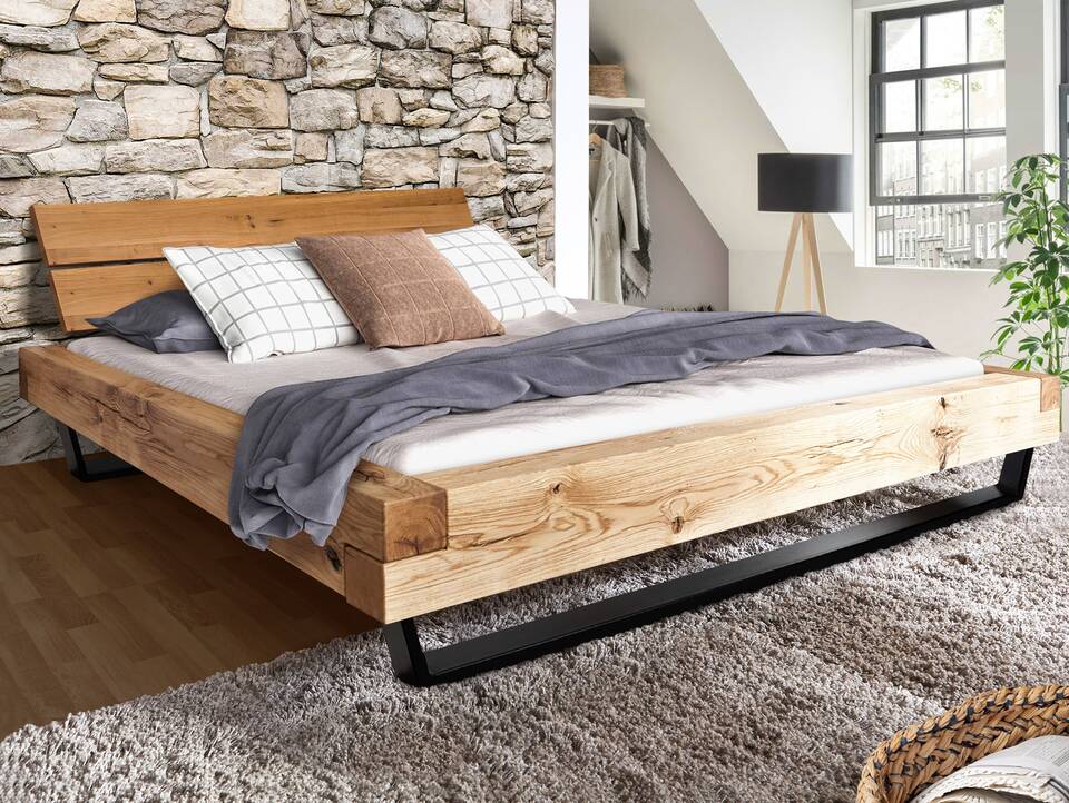 LIAS Balkenbett mit Kopfteil, Kufenfuß, Material Massivholz, Eiche geölt 140 x 200 cm