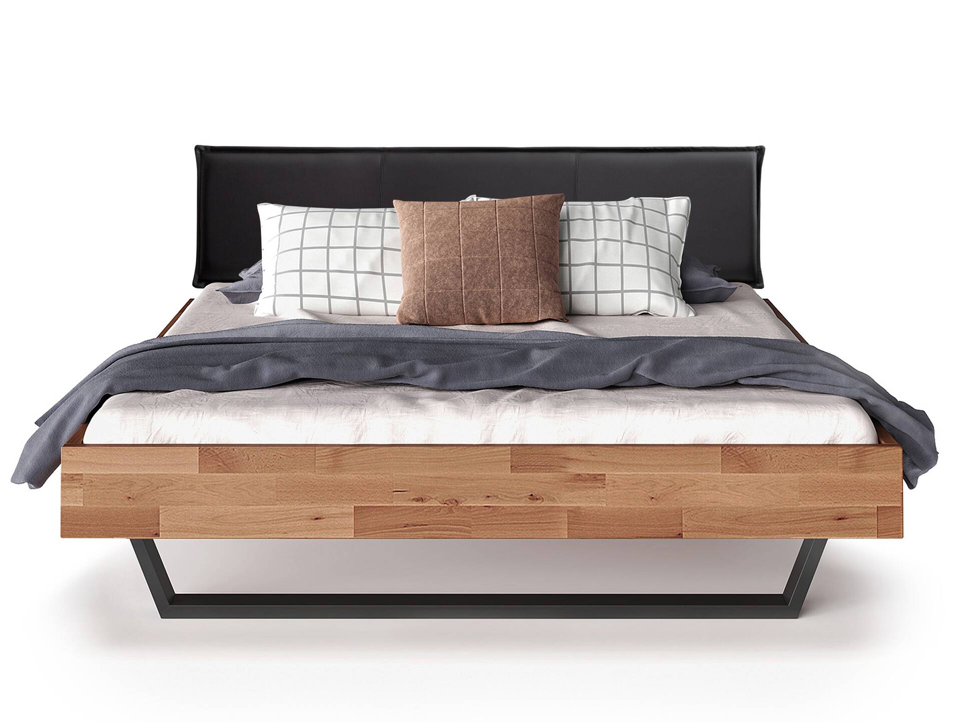 LÖWEN Kufenbett mit Polsterkopfteil, Material Massivholz 120 x 200 cm | Buche unbehandelt | Kunstleder Schwarz ohne Steppung