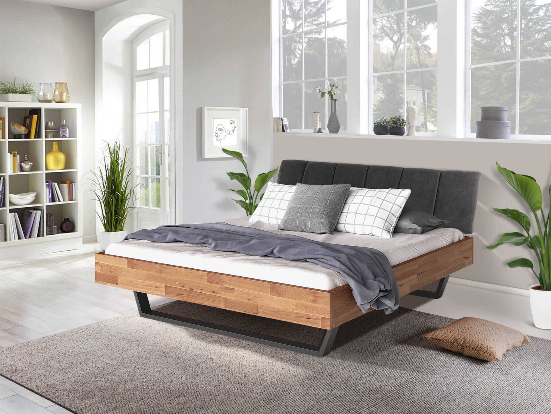LÖWEN Kufenbett mit Polsterkopfteil, Material Massivholz 120 x 200 cm | Buche geölt | Stoff Anthrazit mit Steppung