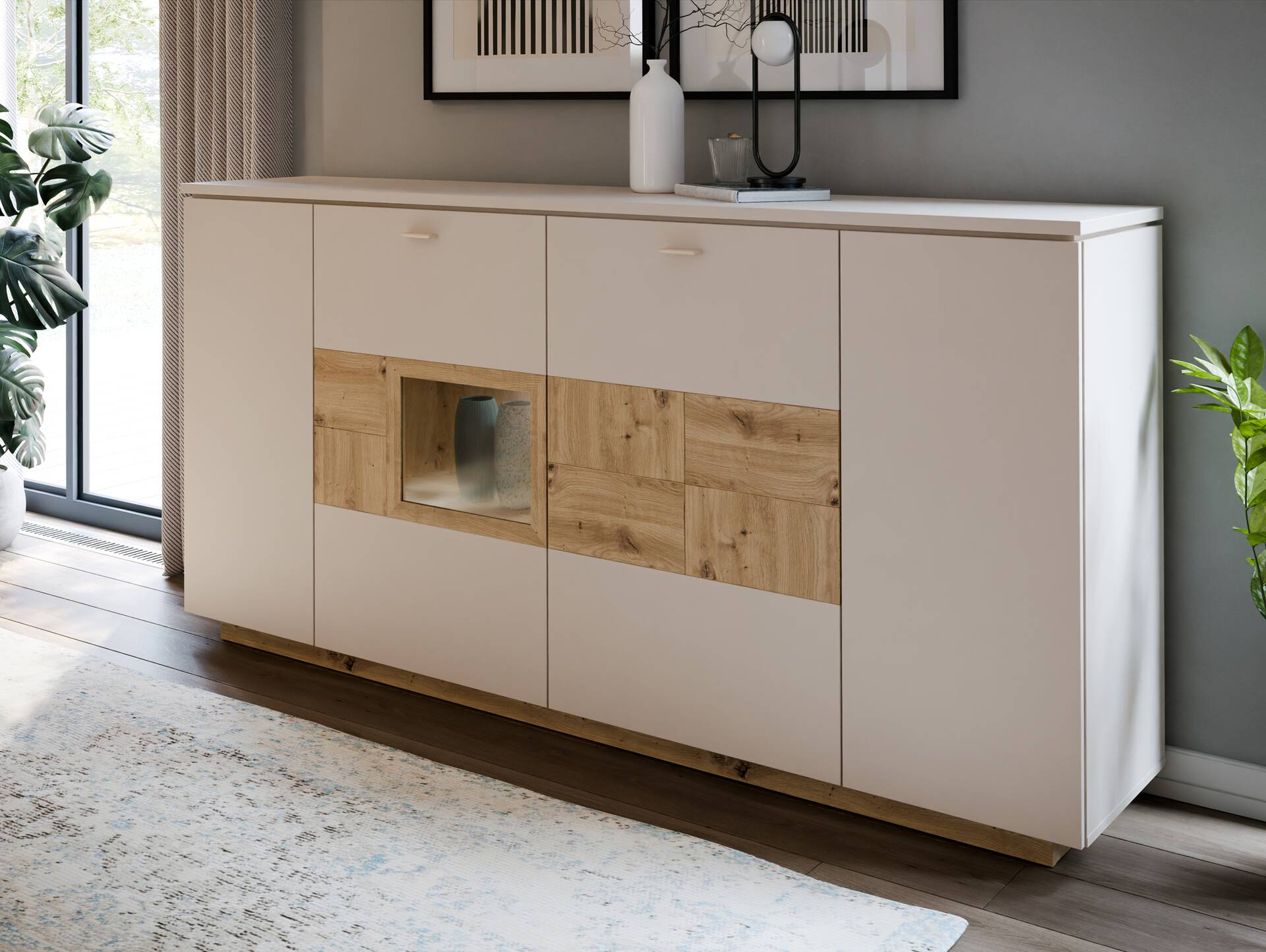 LEANDRO Highboard , Material Spanplatte, Dekor Sand/Artisan Eichefarbig 