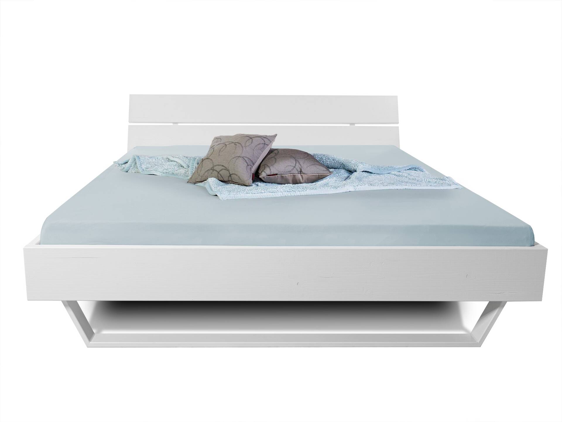LUKY Kufenbett mit Kopfteil, Material Massivholz, Fichte/Kufen weiss 120 x 200 cm