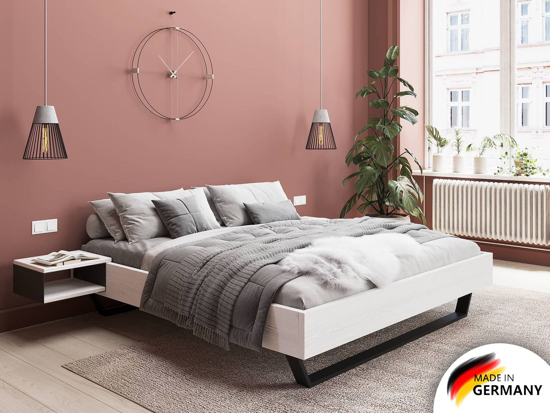 LUKY Kufenbett ohne Kopfteil, Material Massivholz, Fichte weiss/Kufen schwarz 90 x 220 cm