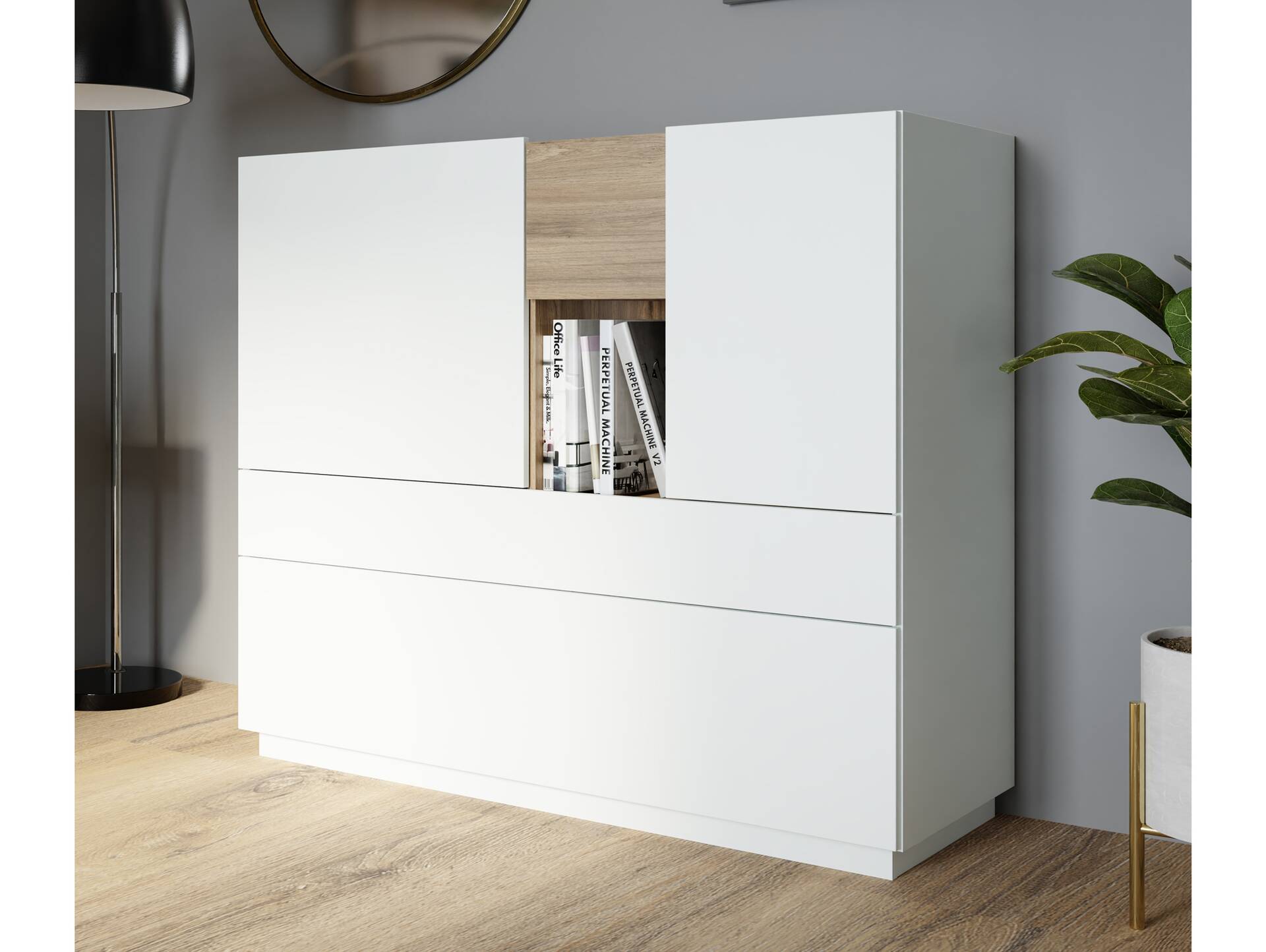 LENNOX Highboard, Material Dekorspanplatte,  lichtgrau/Valencia Oak Dekor 