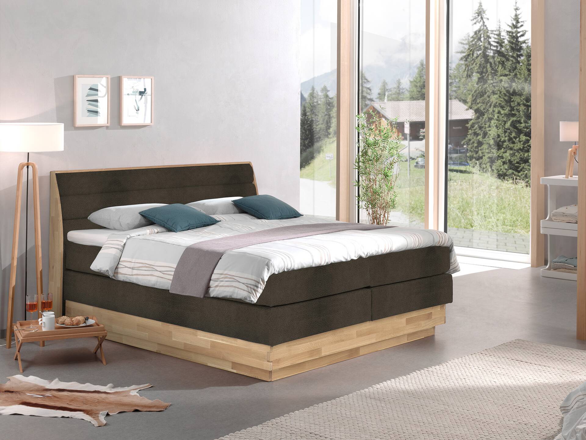 MAILO Boxspringbett mit Bettkasten, Material Massivholz Eiche/ Bezug Stoff in 2 Farben 160 x 200 cm | Braun