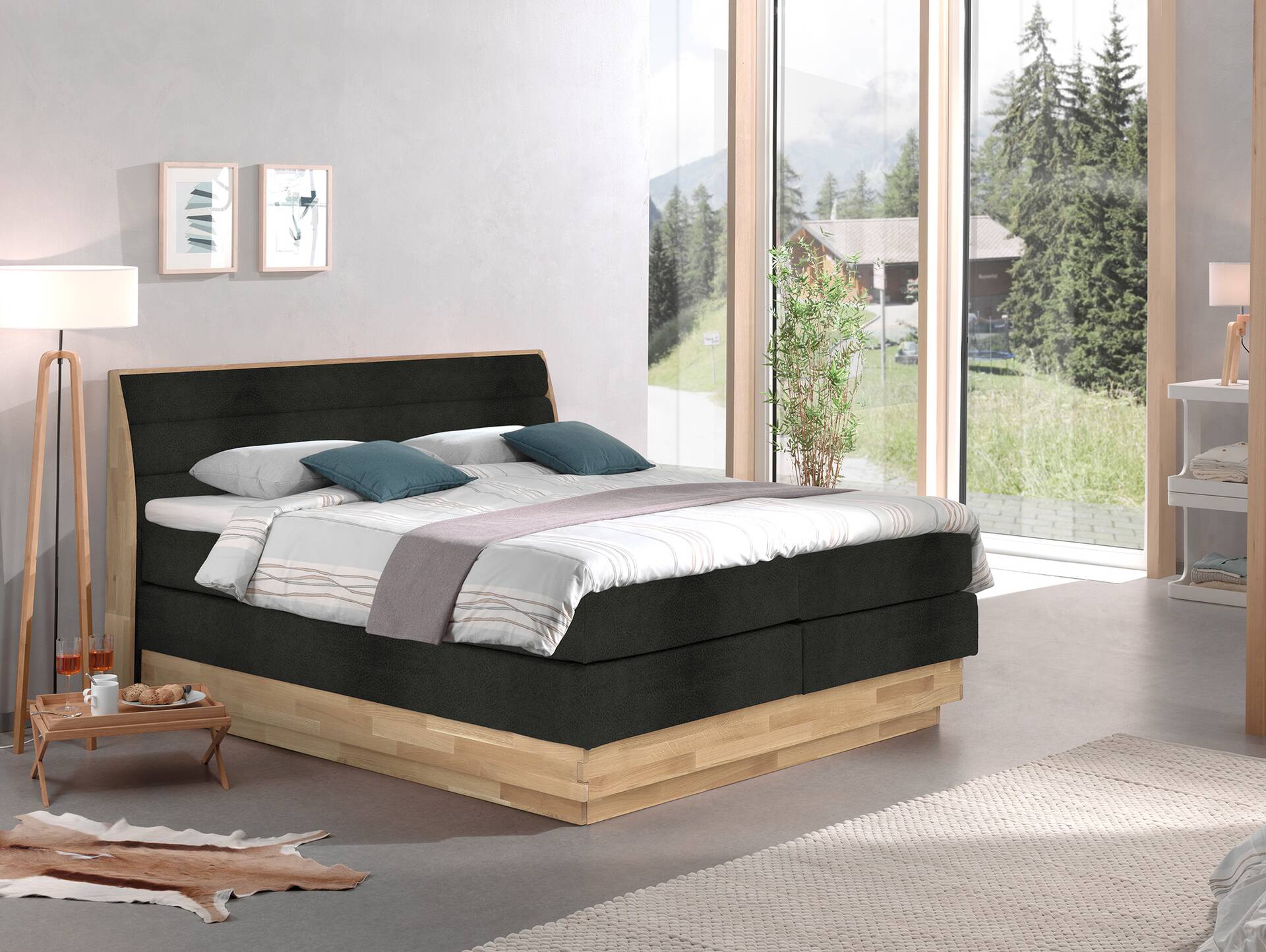 MAILO Boxspringbett mit Bettkasten, Material Massivholz Eiche/ Bezug Stoff in 2 Farben 180 x 200 cm | Schwarz