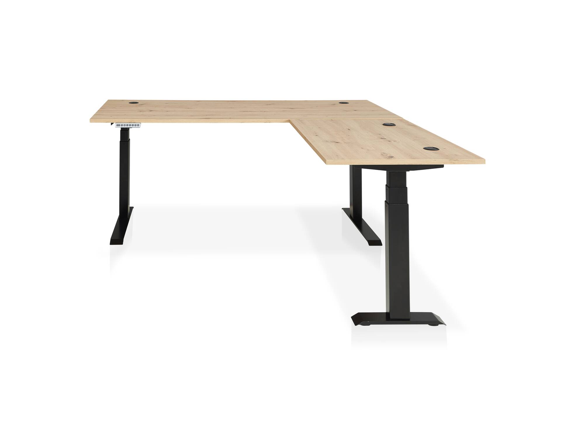 MAILAND höhenverstellbarer Eckschreibtisch, Material Dekorspanplatte, weiß/eichefarbig graphit/eichefarbig