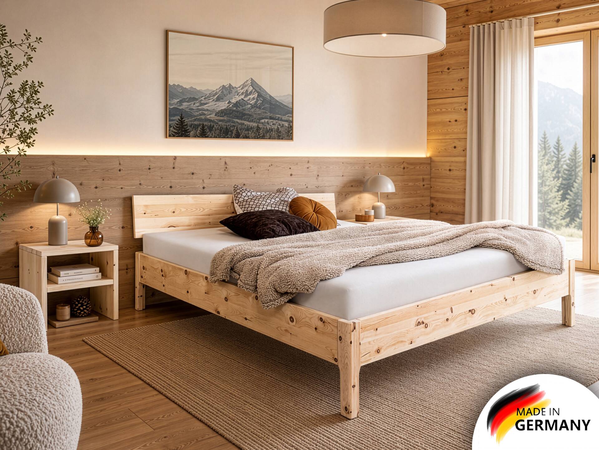 ZANDOR 4-Fuß-Zirbenbett mit Kopfteil, Material Massivholz 120 x 200 cm