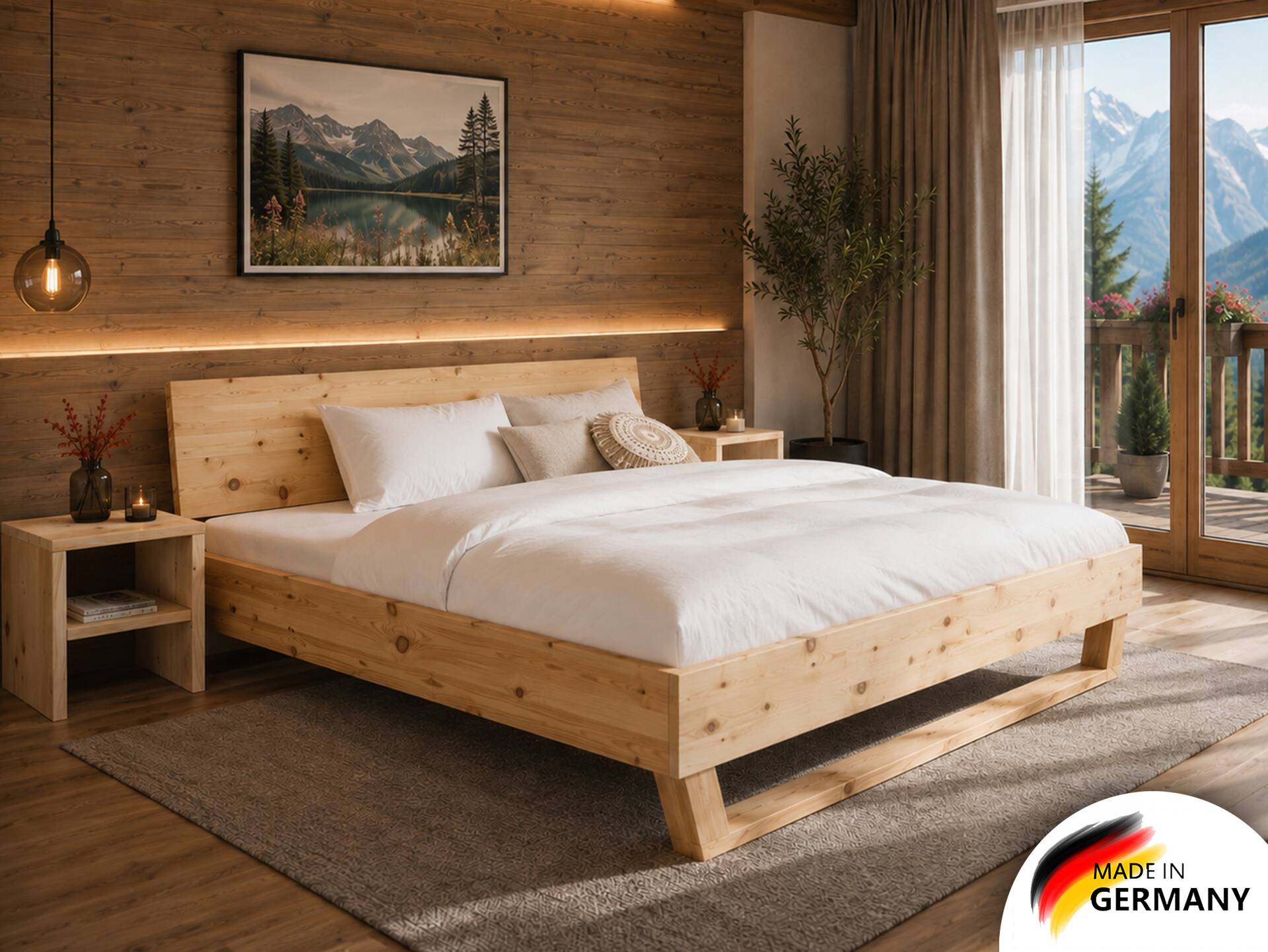 ZABINO Holz-Kufenbett aus Zirbe, Material Massivholz, mit Kopfteil 120 x 200 cm | Zirbe unbehandelt