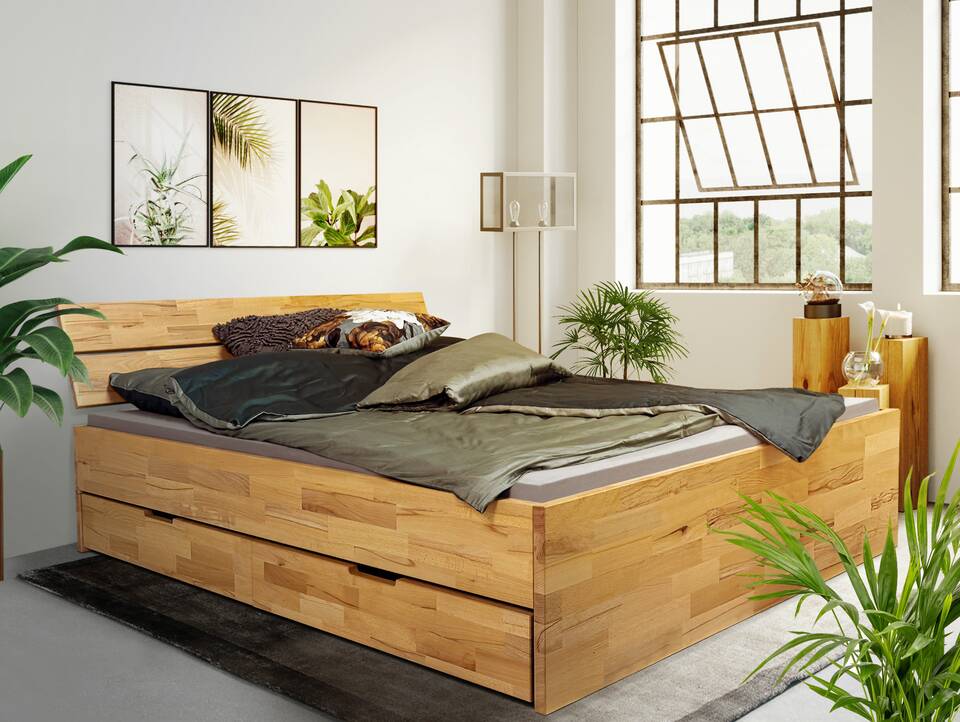 CHICO Stauraumbett mit Kopfteil, Material Massivholz 160 x 200 cm | Buche geölt | einseitig
