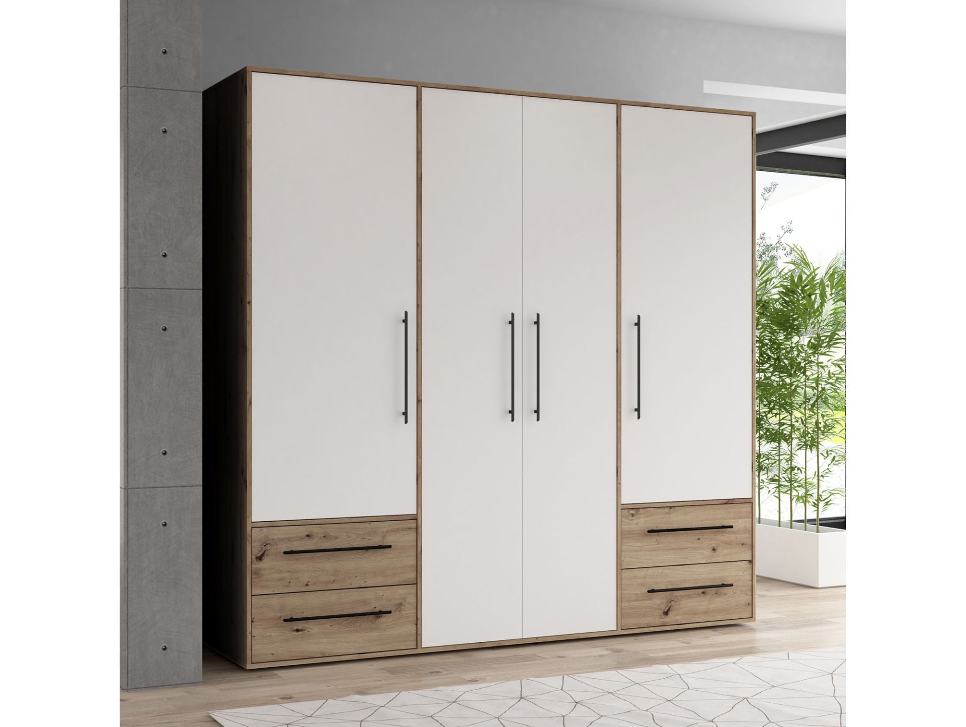 MANIKO Kleiderschrank, Material Dekorspanplatte 4-türig | Artisan eichefarbig / weiss