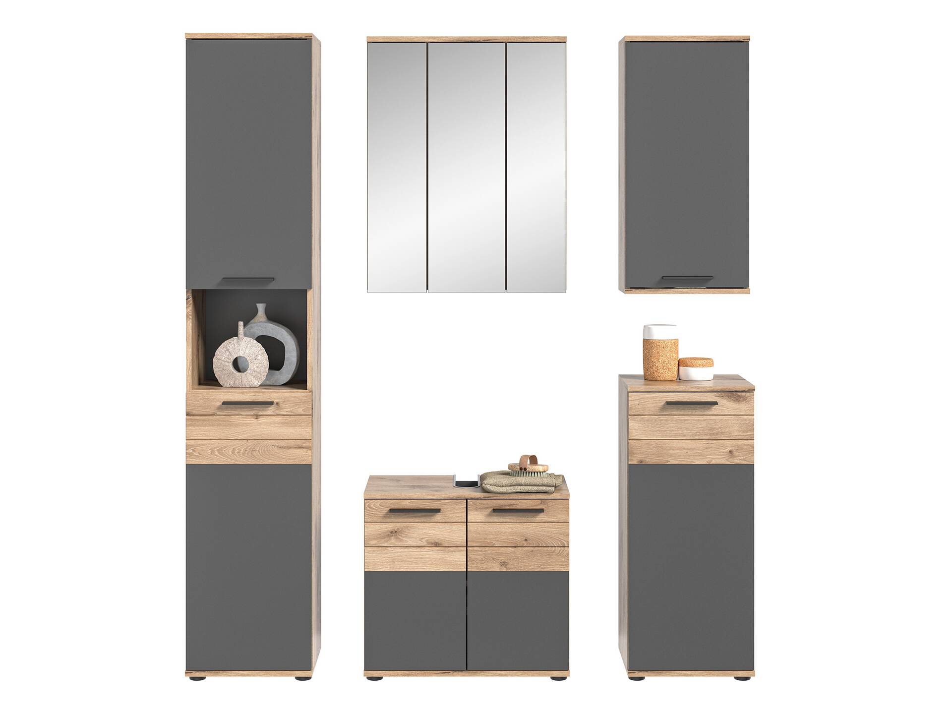 MORANO Badezimmerset I, Material Dekorspanplatte, Nox Oak Nachbildung/Basaltgrau 