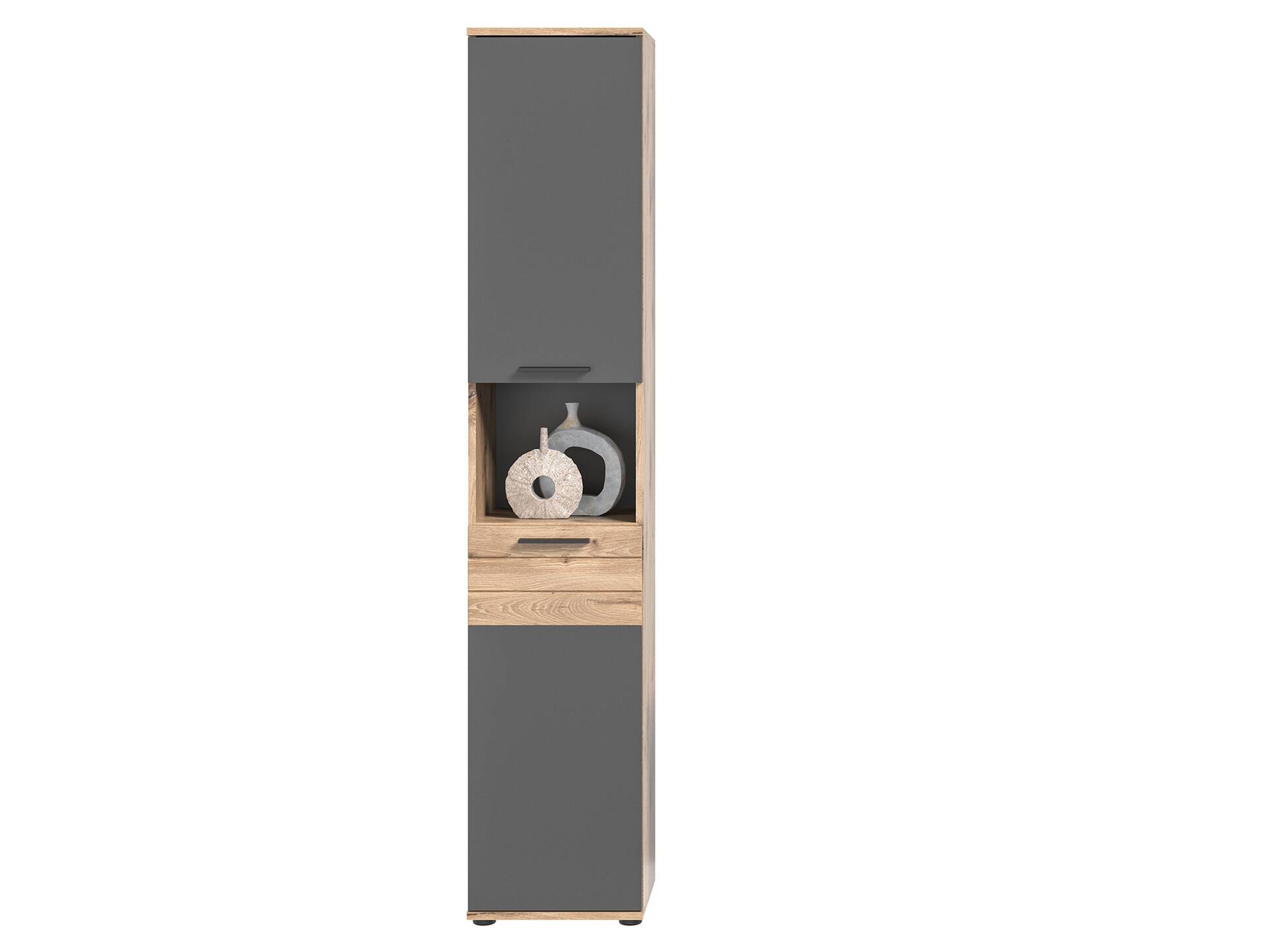 MORANO Hochschrank fürs Badezimmer, Material Dekorspanplatte, Eichefarbig/Grau 