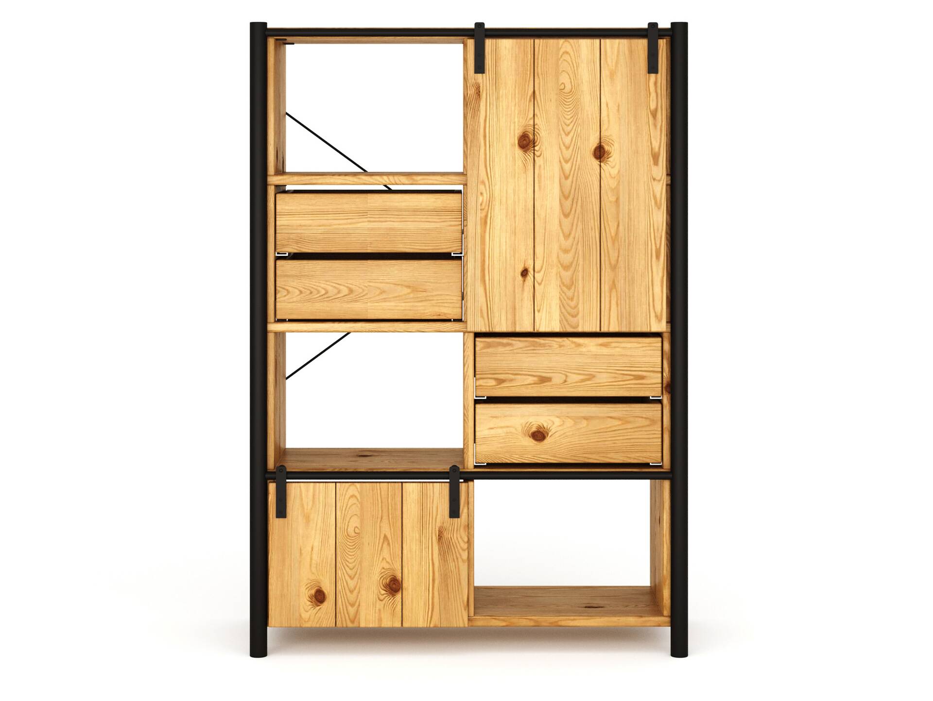 LIVERPOOL 5er Regal-Kombi II, Highboard aus Massivholz Thermo-Fichte, Metall schwarz Natur