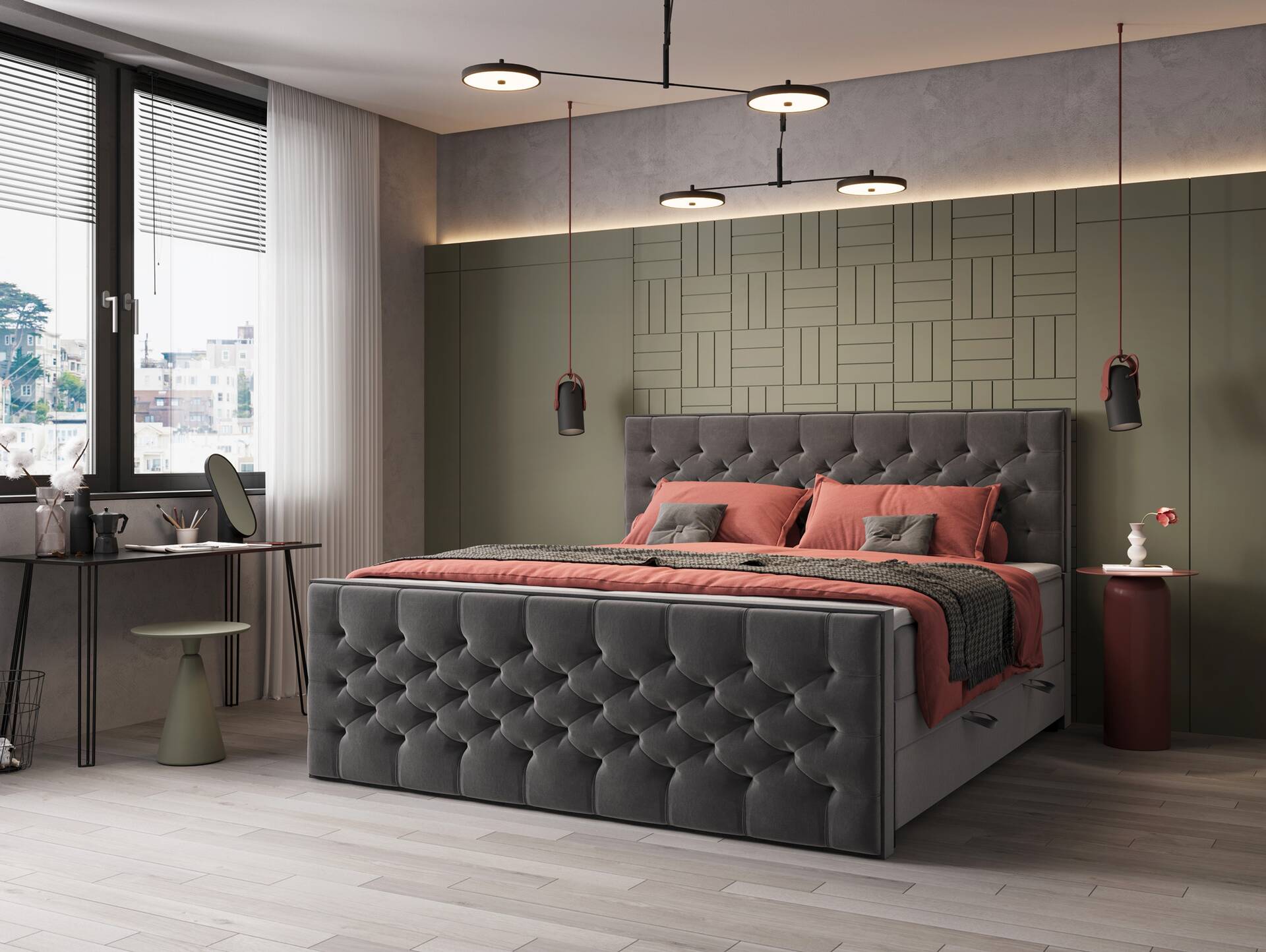 LINCOLN Boxspringbett mit Bettkasten und inkl. Toppermatratze, Härtegrad 2/3, Bezug Stoff Anthrazit 180 x 200 cm