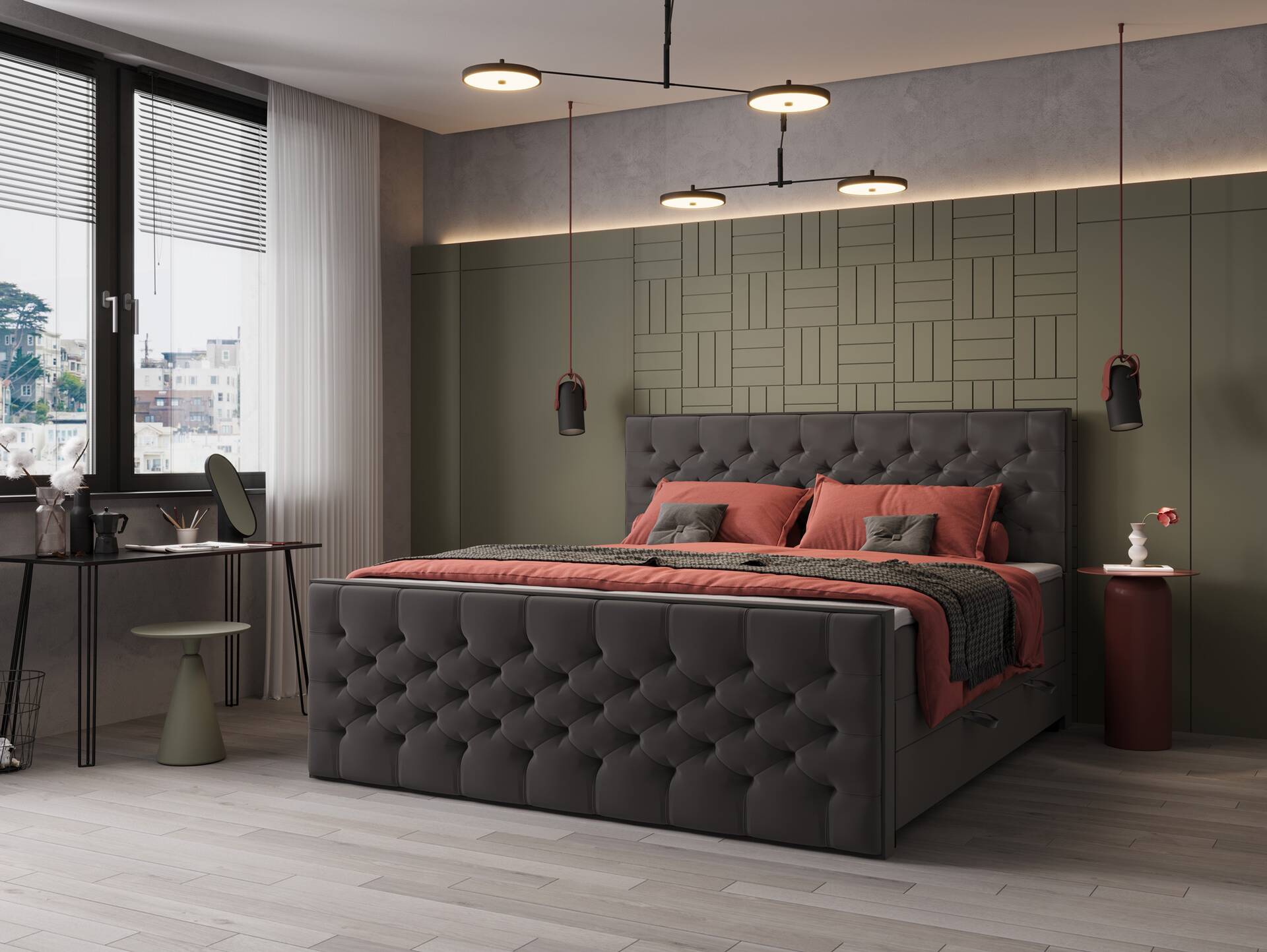 LINCOLN Boxspringbett mit Bettkasten, Härtegrad 2/3, Bezug Stoff Anthrazit 160 x 200 cm