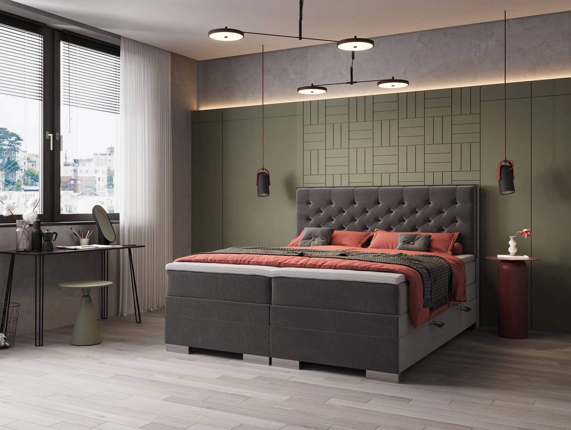 LANCELOT Boxspringbett mit Bettkasten, Härtegrad 2/3, Bezug Stoff Anthrazit 180 x 200 cm