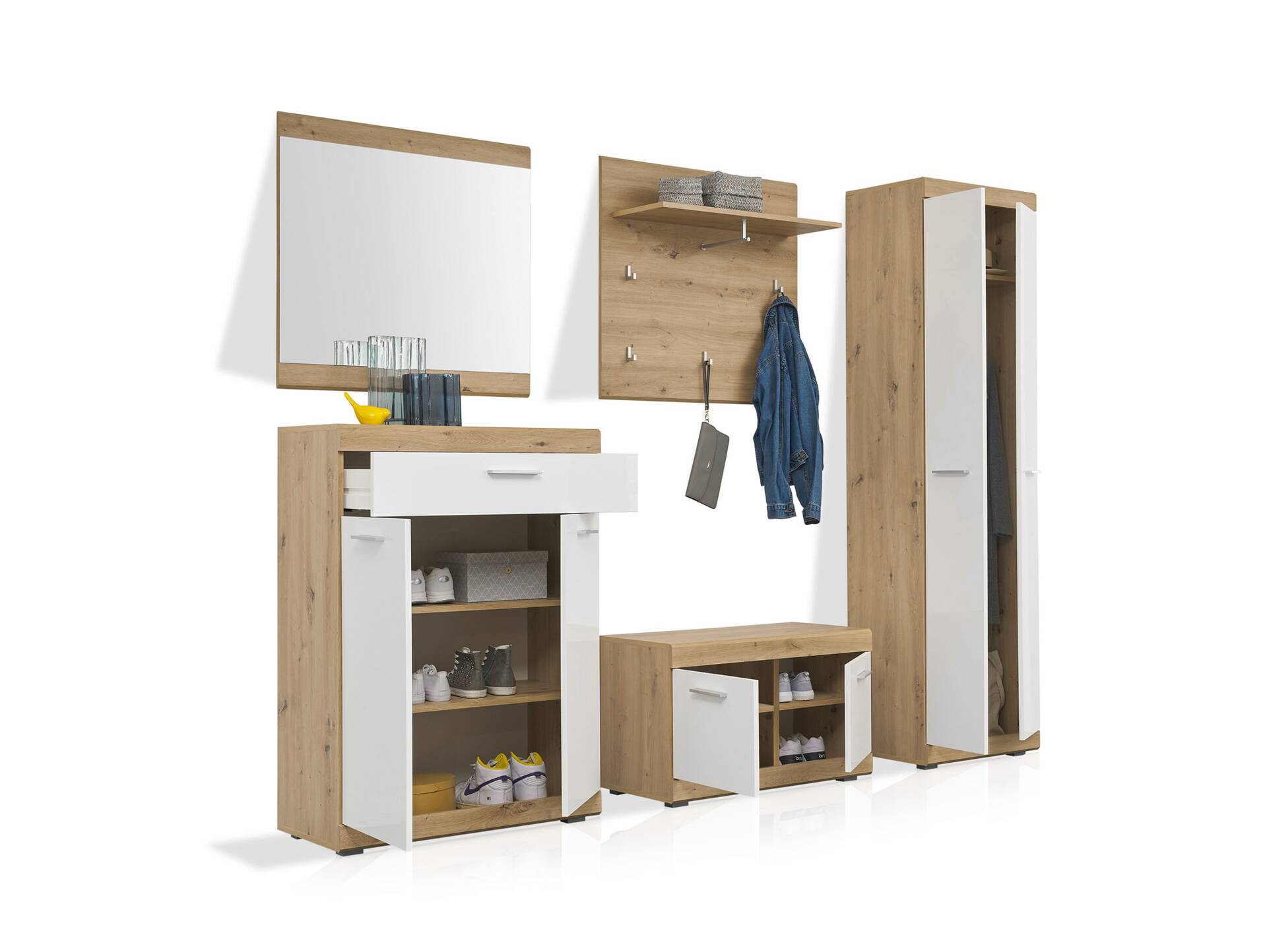 NEIKA Komplett-Garderobe, Material Spanplatte, Artisan Eiche Nachbildung/weiss 