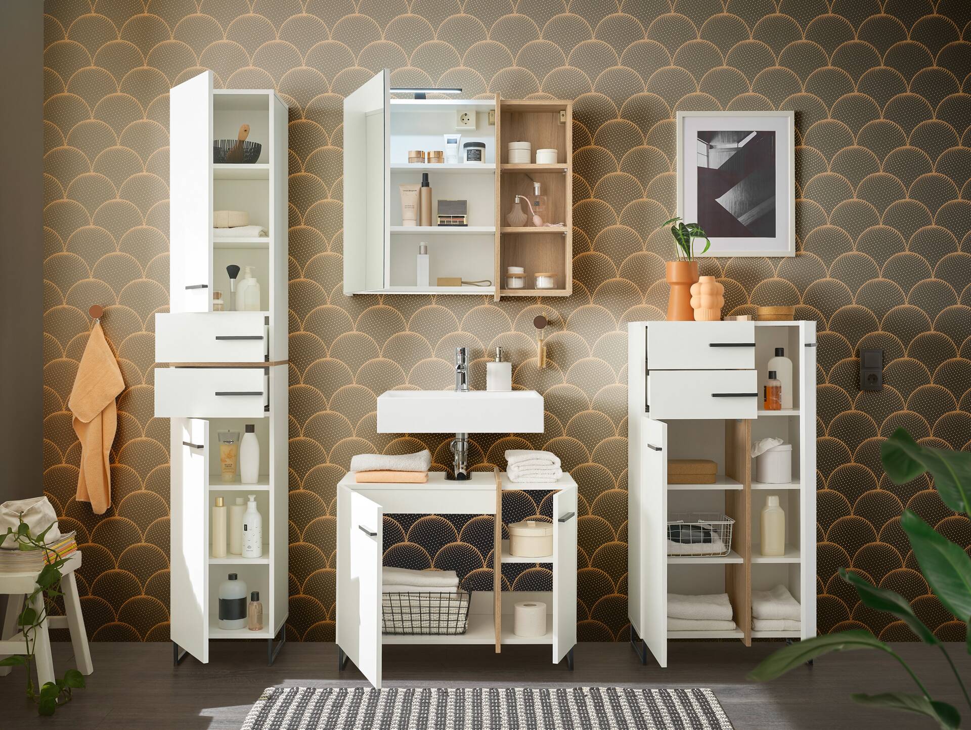 PIDERO Badezimmerset, Material Spanplatte, weiss/eichefarbig 