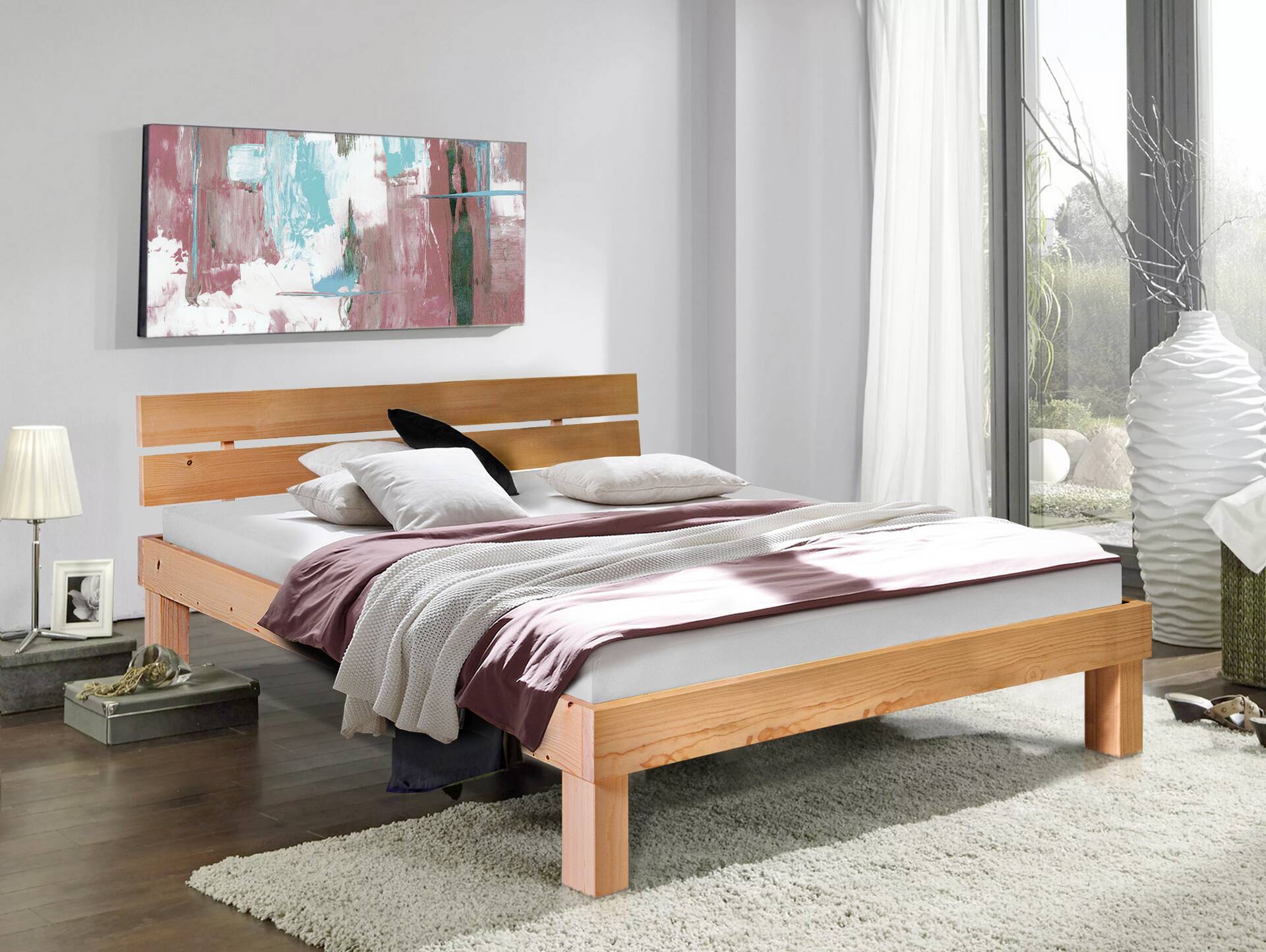 PUMBA Massivholzbett mit Kopfteil, Material Massivholz, Fichte 180 x 220 cm | eichefarbig | Komforthöhe