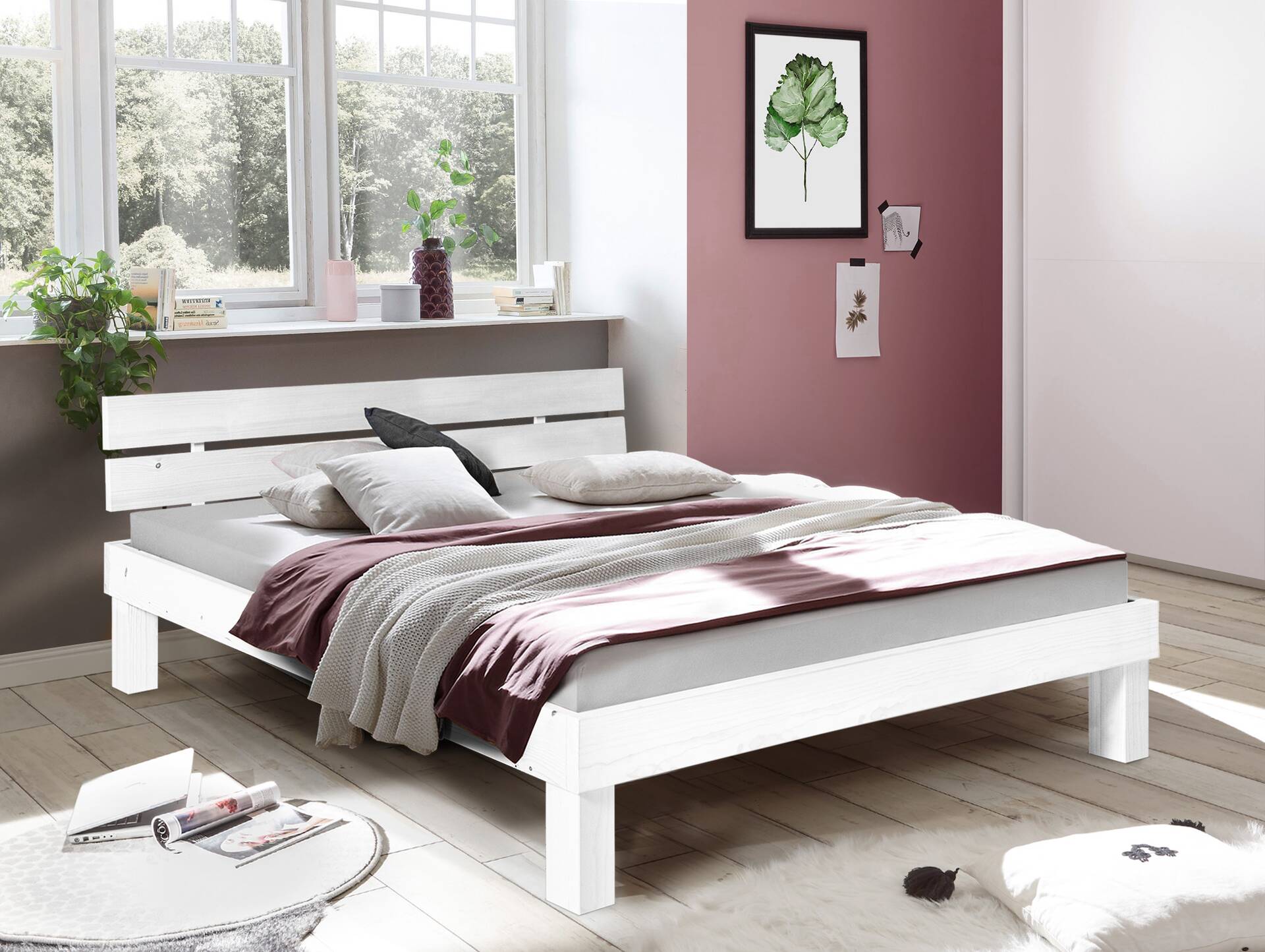 PUMBA Massivholzbett mit Kopfteil, Material Massivholz, Fichte 160 x 200 cm | weiss | Komforthöhe