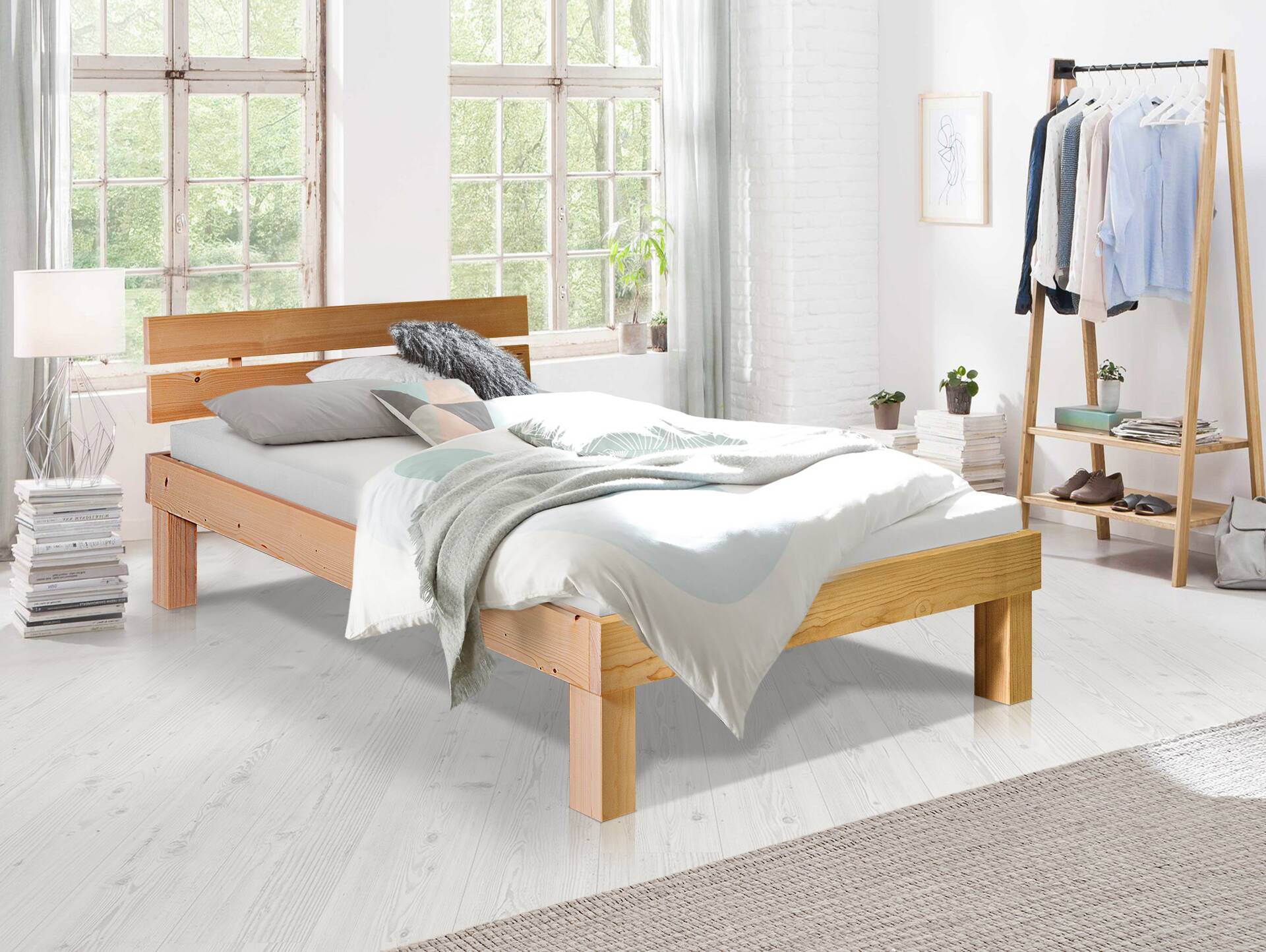 PUMBA Massivholzbett mit Kopfteil, Material Massivholz, Fichte 90 x 200 cm | eichefarbig | Komforthöhe