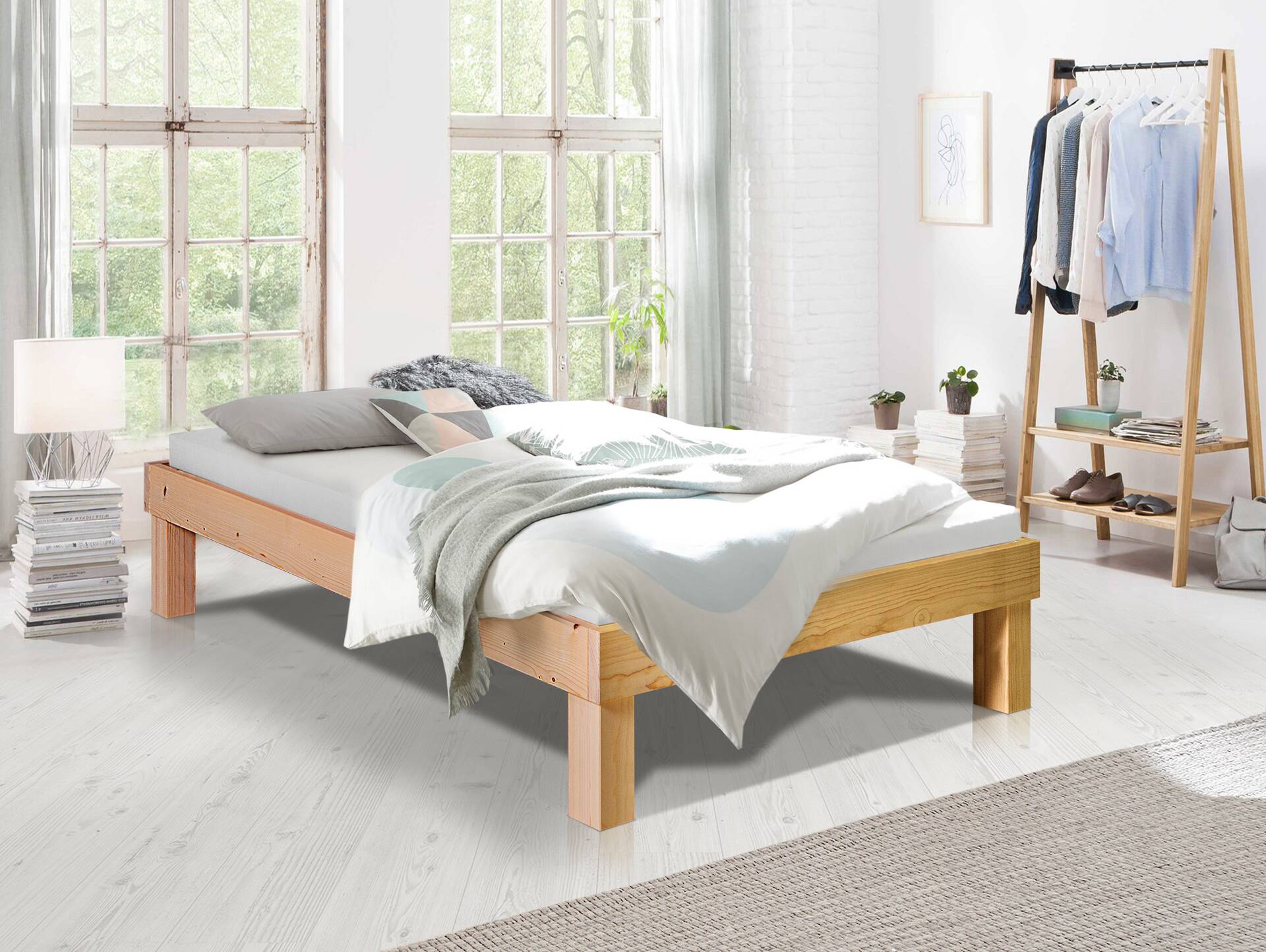 PUMBA Massivholzbett ohne Kopfteil, Material Massivholz, Fichte 90 x 200 cm | eichefarbig | Komforthöhe