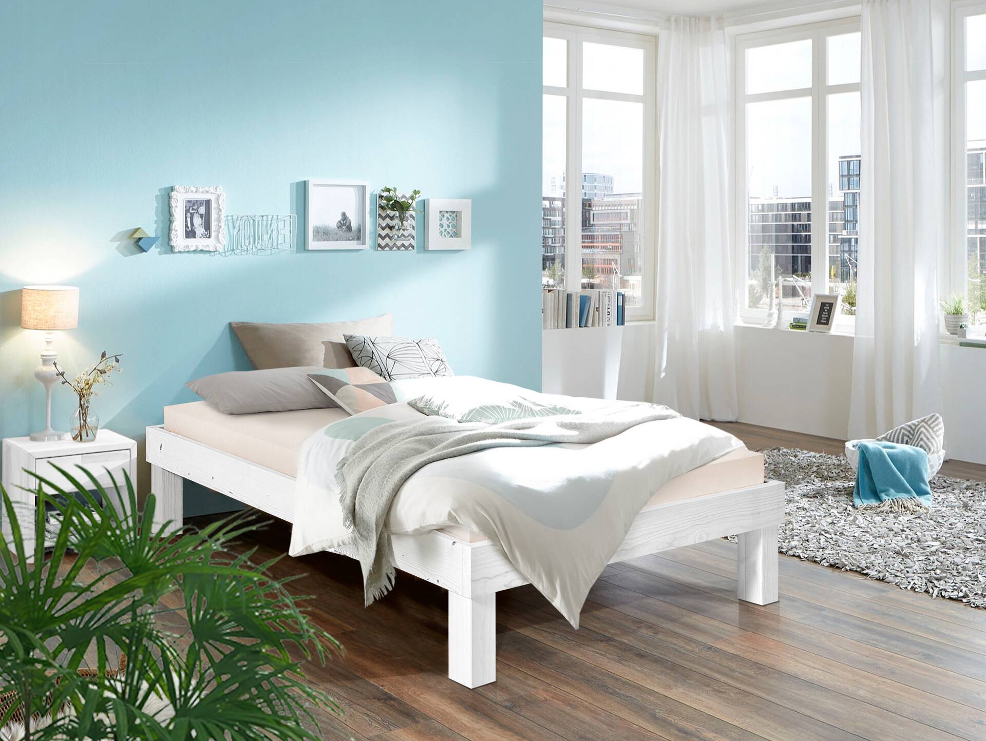 PUMBA Massivholzbett ohne Kopfteil, Material Massivholz, Fichte 90 x 220 cm | weiss | Komforthöhe