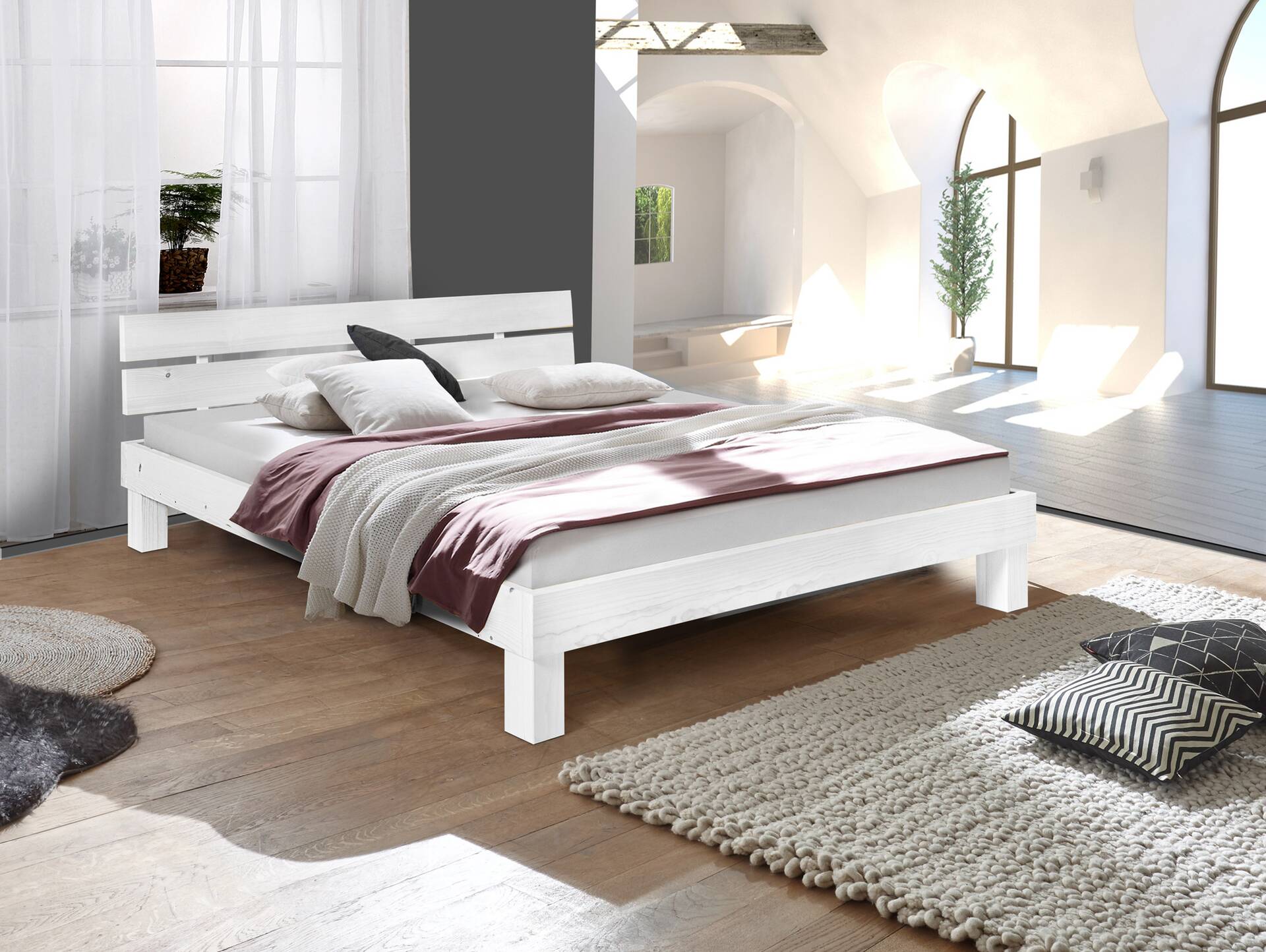 PUMBA Massivholzbett mit Kopfteil, Material Massivholz, Fichte 140 x 220 cm | weiss | Standardhöhe