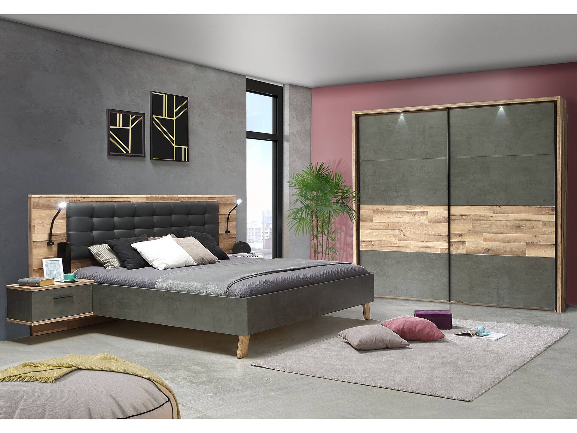 RICCANO Komplett-Schlafzimmer II, Material Dekorspanplatte, stabeichefarbig/grau 