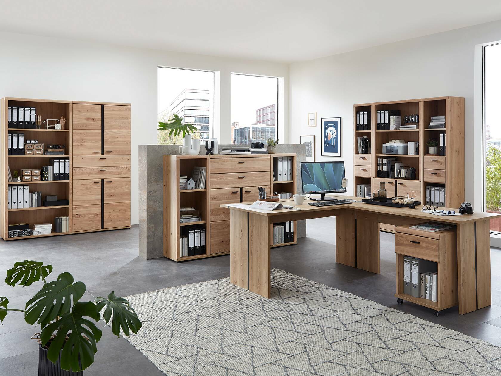 SAN MARINO Komplett-Büro II, Material Teilmassiv, Altesche gebürstet / Artisan Eichefarbig 