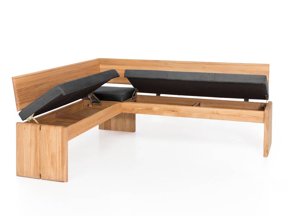SCOTT Eckbank mit Truhe, Material Massivholz/Bezug Kunstfaser Kernbuche | 147 x 167 cm | grau 