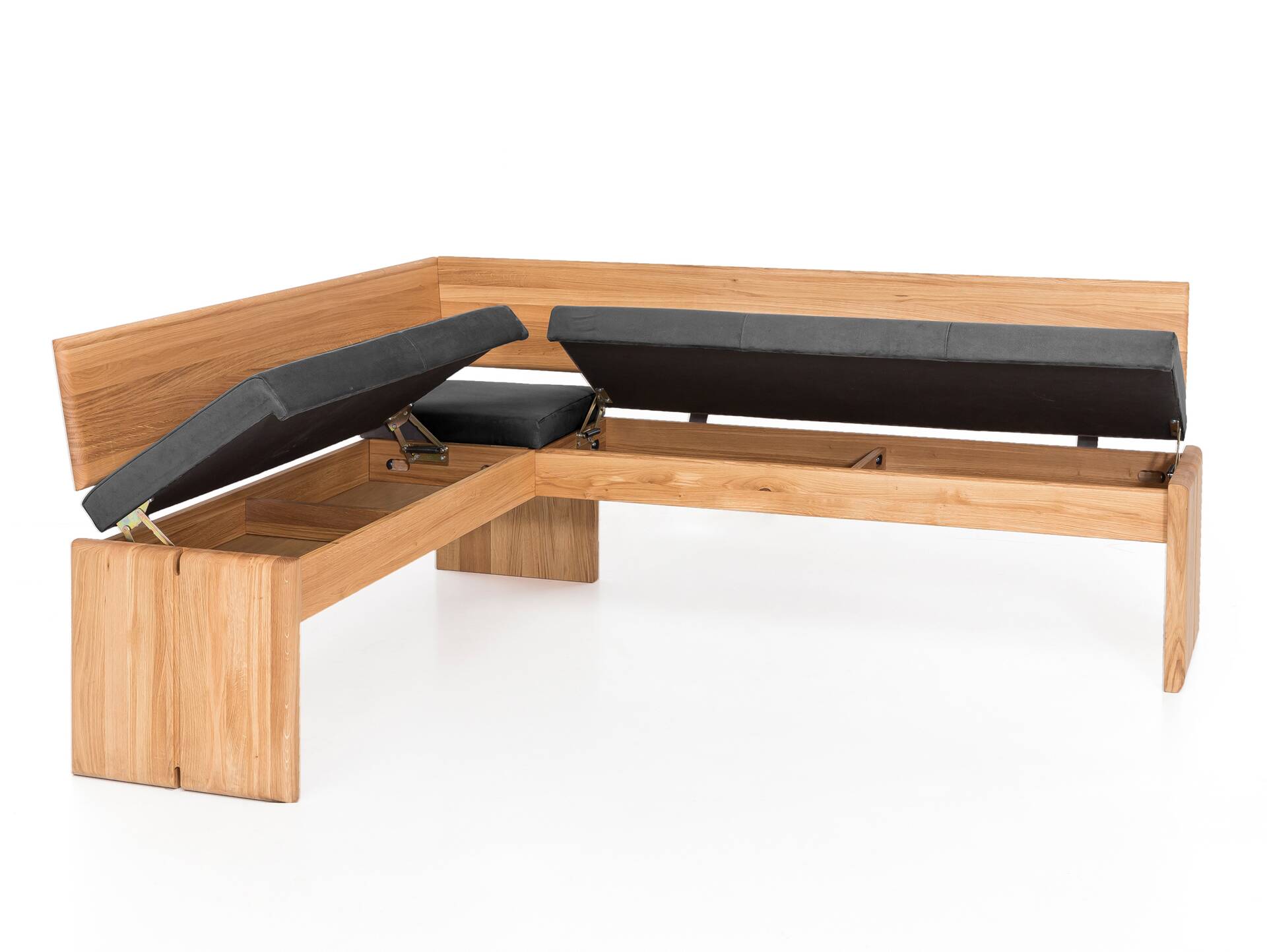 SCOTT Eckbank mit Truhe, Material Massivholz/Bezug Kunstfaser Kernbuche | 147 x 167 cm | grau 