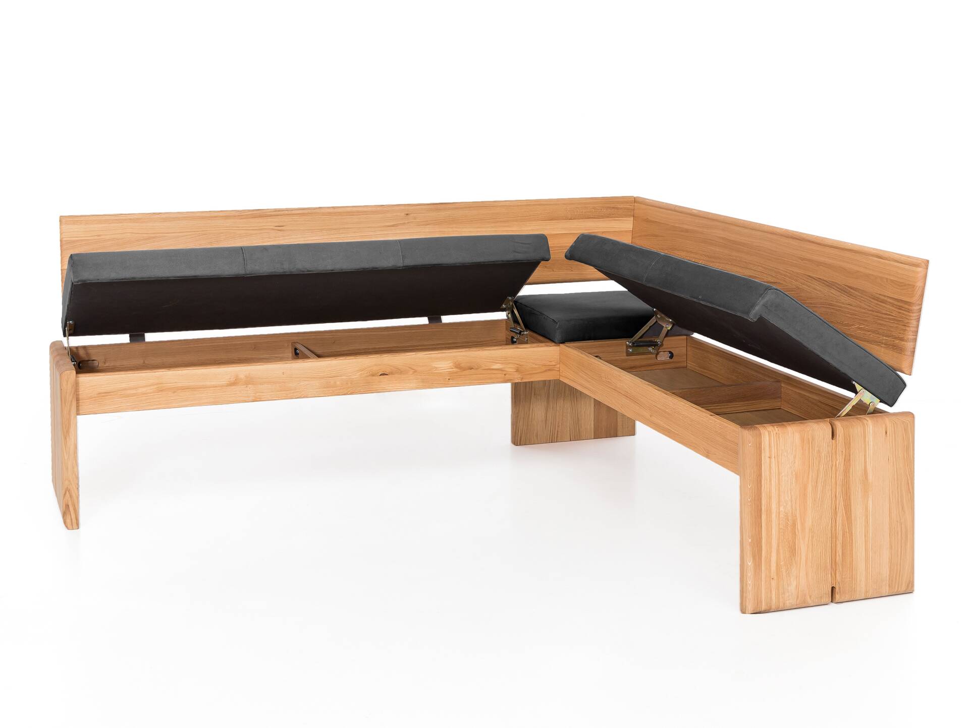 SCOTT Eckbank mit Truhe, Material Massivholz/Bezug Kunstfaser Kernbuche | 167 x 147 cm | grau 