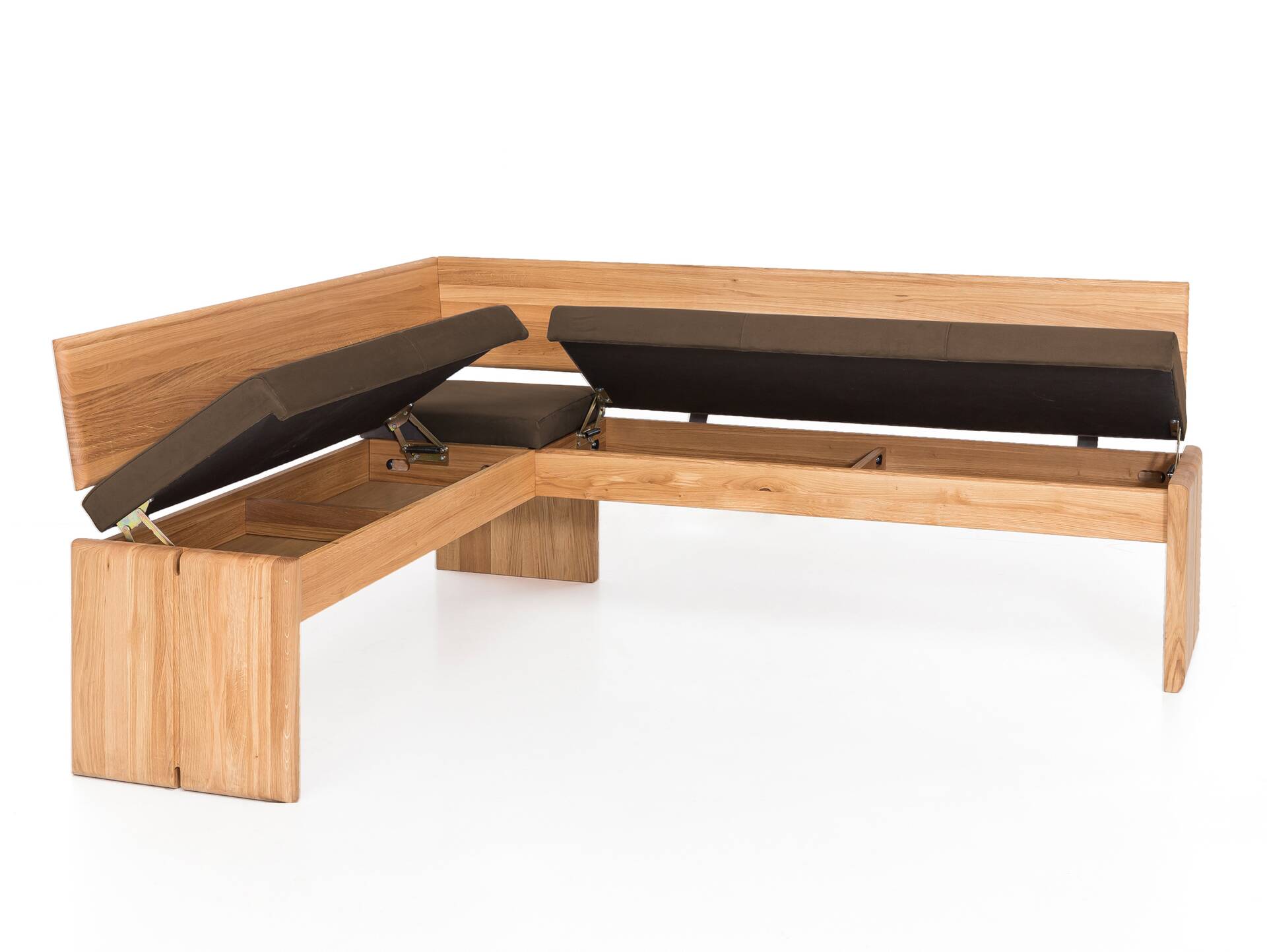 SCOTT Eckbank mit Truhe, Material Massivholz/Bezug Kunstfaser Eiche | 167 x 192 cm | nougat