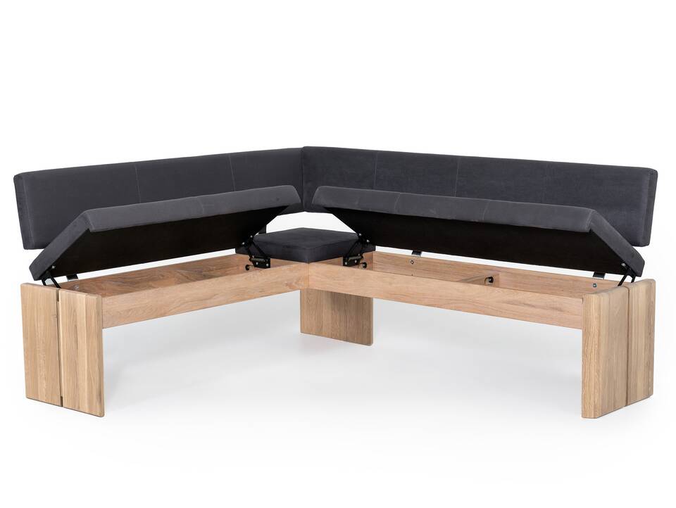 SIRION Eckbank mit Truhe aus Eiche, Material Massivholz/Bezug Mikrofaser 167 x 224 cm | dunkelgrau