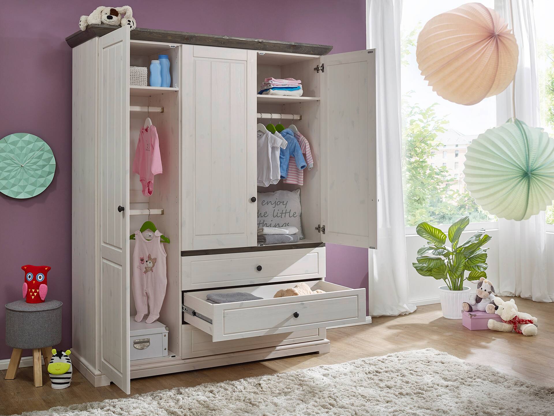 TINKA Kleiderschrank 3trg, Material Massivholz, Kiefer weiss/grau 
