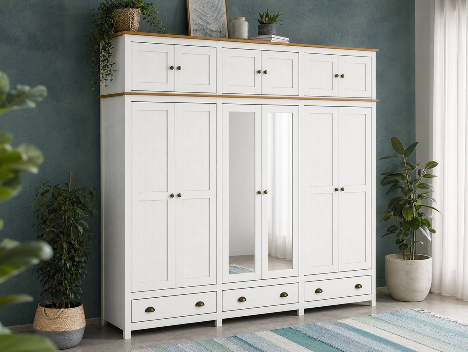 TRICO Kleiderschrank, Material Massivholz, 6türig mit Aufsatz white wash/E 