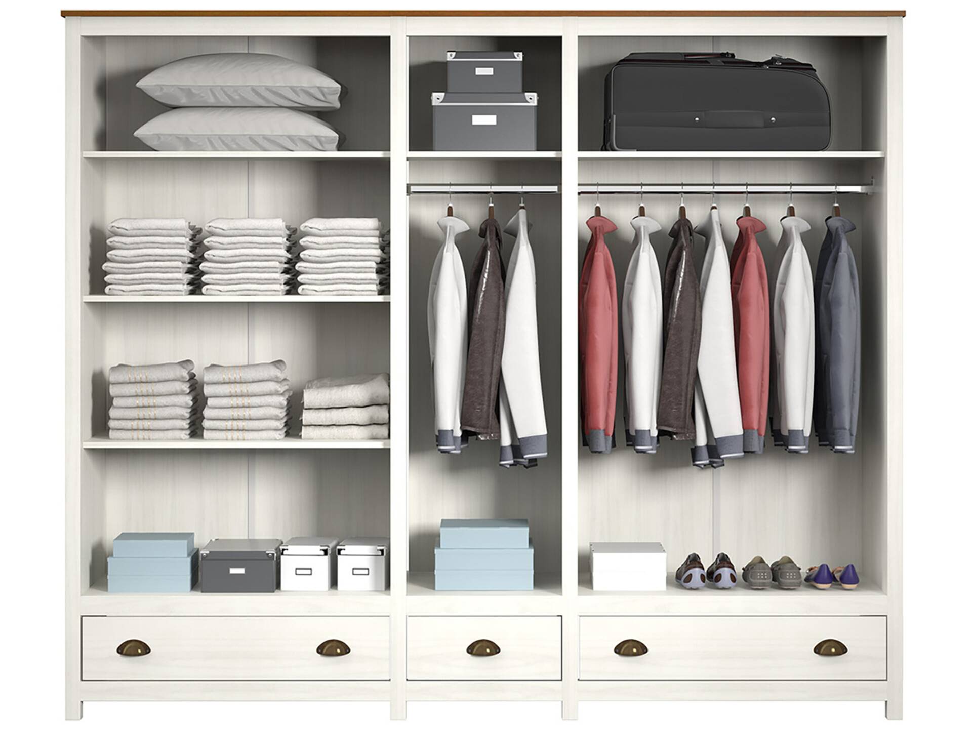 TRICO Kleiderschrank / Drehtürenschrank, Material Massivholz, Kiefer weiss/eichefarbig 5-türig