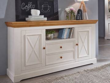 BORNHOLM Sideboard II, Material Massivholz, Kiefer weiss/eichefarbig 