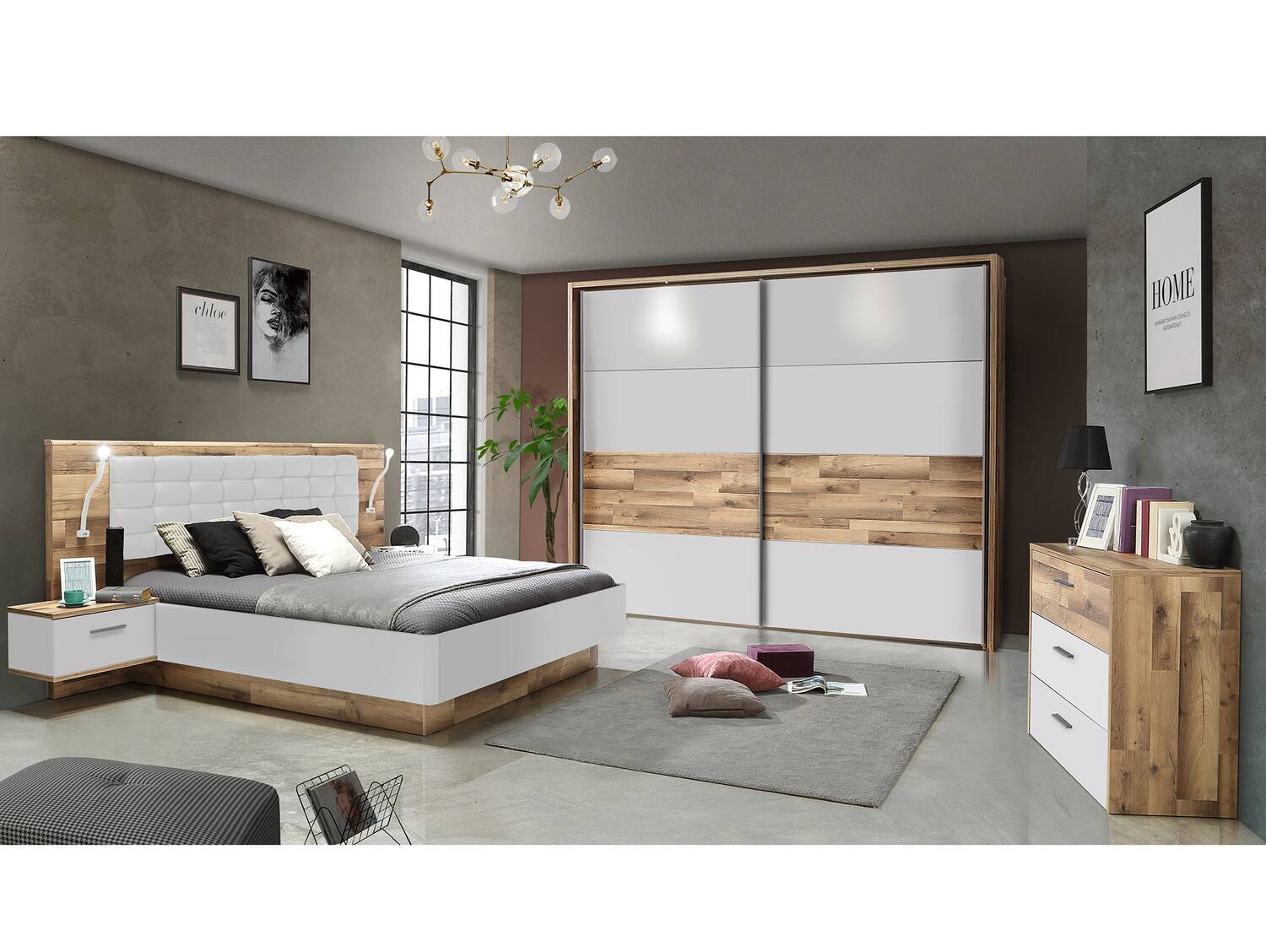 MEDUNA Komplett-Schlafzimmer, Material Dekorspanplatte, eichefarbig/weiss 