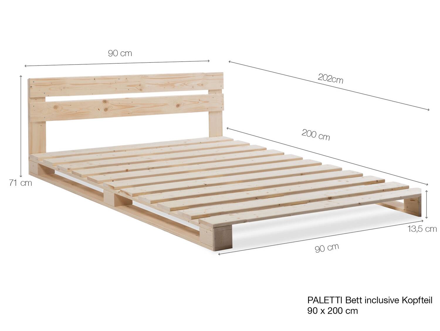 PALETTI Massivholzbett / Palettenbett inklusive Kopfteil 90 x 200 cm | Fichte natur